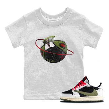 Air Jordan 1 Travis Scott Olive Sneaker Match Tees Basketball Planet Sneaker Tees AJ1 OG Travis Scott Olive Sneaker Release Tees Kids Shirts White 1