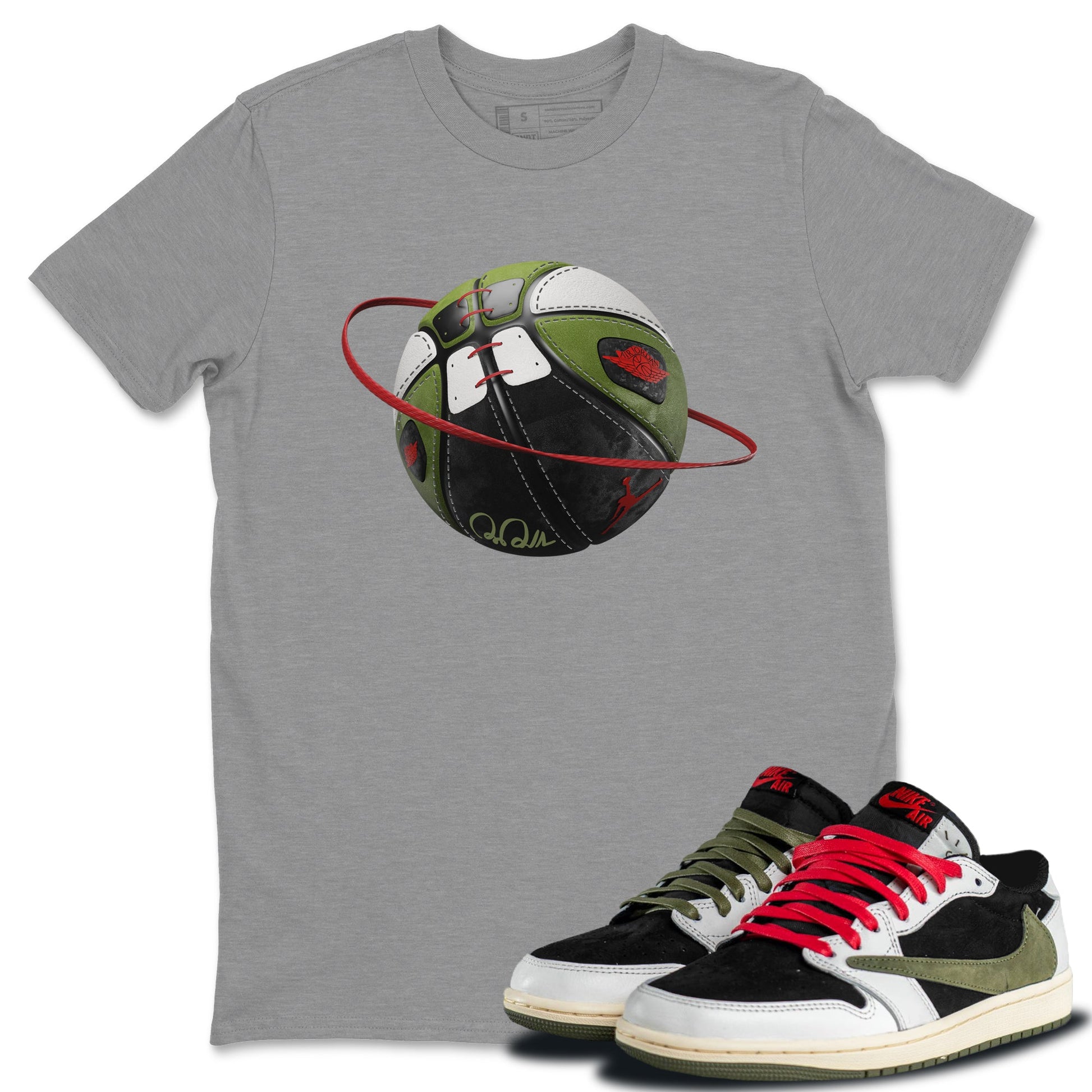 Air Jordan 1 Travis Scott Olive Sneaker Match Tees Basketball Planet Sneaker Tees AJ1 OG Travis Scott Olive Sneaker Release Tees Unisex Shirts Heather Grey 1