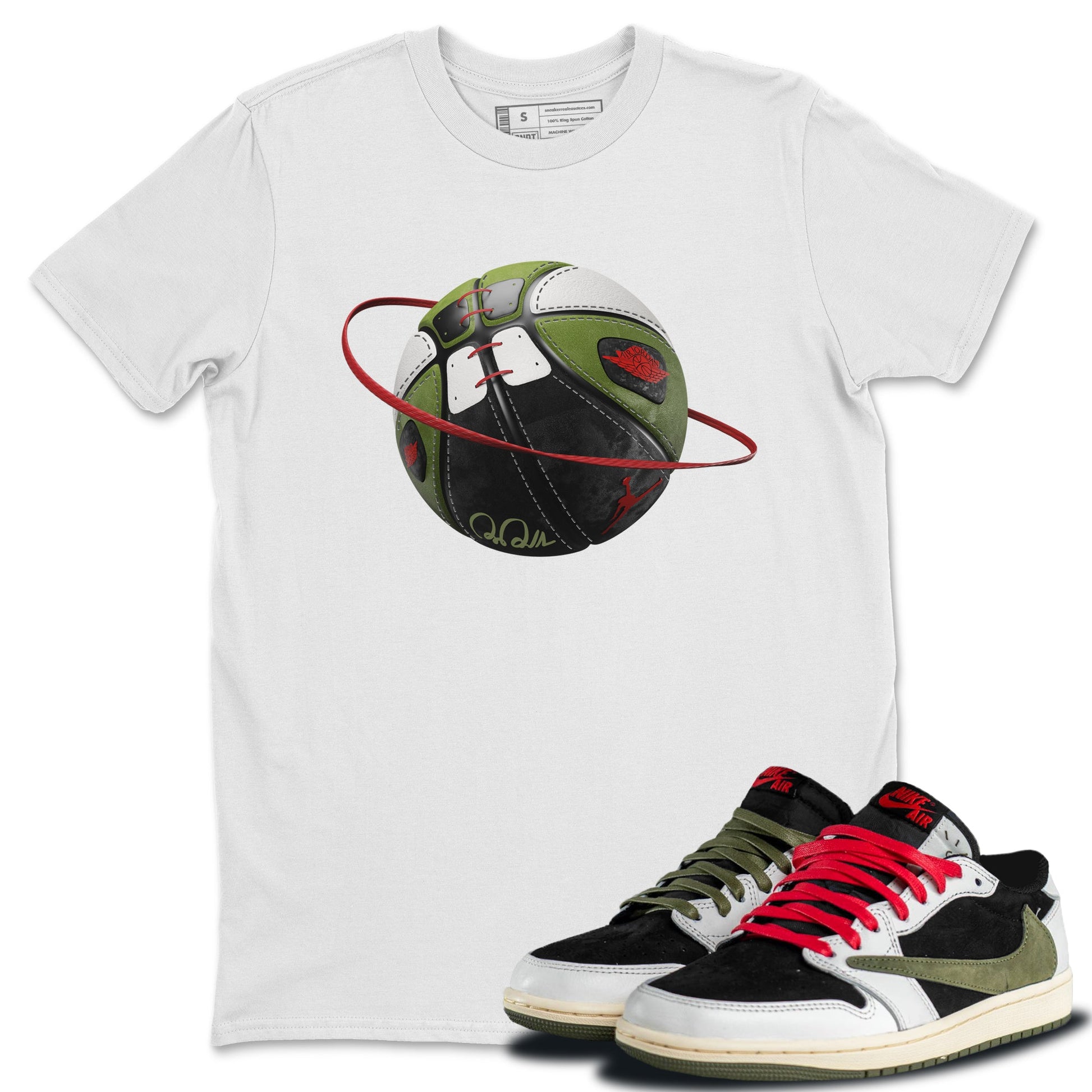 Air Jordan 1 Travis Scott Olive Sneaker Match Tees Basketball Planet Sneaker Tees AJ1 OG Travis Scott Olive Sneaker Release Tees Unisex Shirts White 1