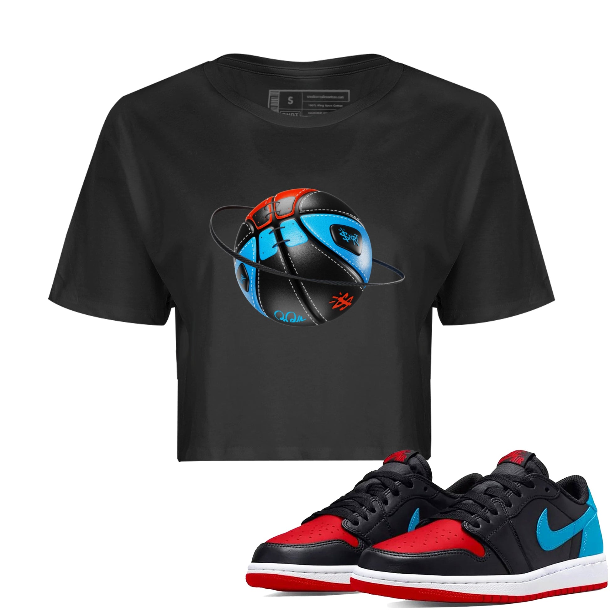 Air Jordan 1 UNC to Chicago Sneaker Match Tees Basketball Planet Sneaker Tees AJ1 UNC to Chicago Sneaker Release Tees Women's Shirts Black 1