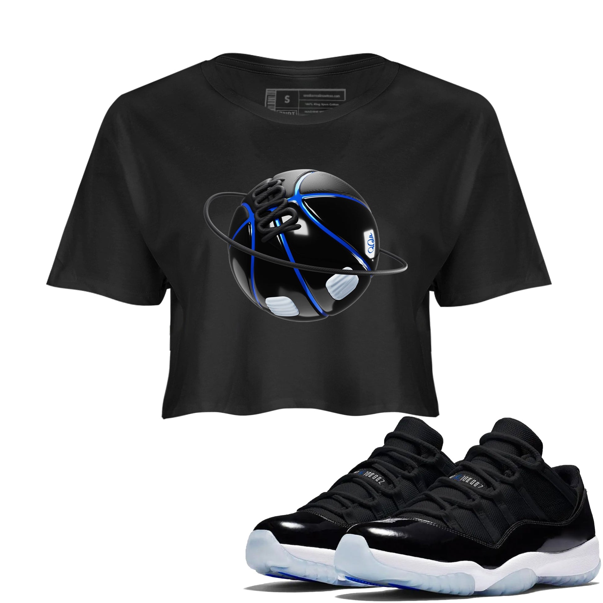 Air Jordan 11 Space shirt to match jordans Basketball Planet sneaker tees AJ11 Black and Varsity Royal SNRT Sneaker Release Tees Black 1 crop length shirt