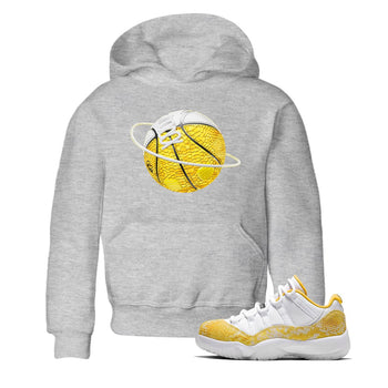 Air Jordan 11 Yellow Python Sneaker Match Tees Basketball Planet Sneaker Tees AJ11 Yellow Python Sneaker Release Tees Kids Shirts Heather Grey 1