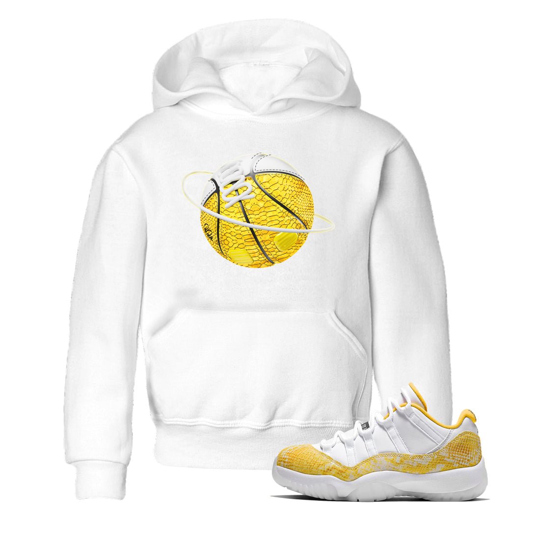 Air Jordan 11 Yellow Python Sneaker Match Tees Basketball Planet Sneaker Tees AJ11 Yellow Python Sneaker Release Tees Kids Shirts White 1