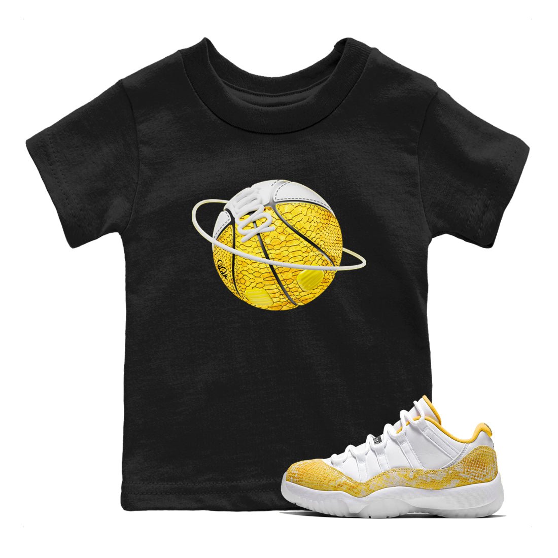 Air Jordan 11 Yellow Python Sneaker Match Tees Basketball Planet Sneaker Tees AJ11 Yellow Python Sneaker Release Tees Kids Shirts Black 1