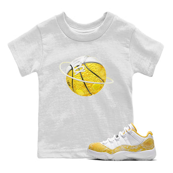 Air Jordan 11 Yellow Python Sneaker Match Tees Basketball Planet Sneaker Tees AJ11 Yellow Python Sneaker Release Tees Kids Shirts White 1