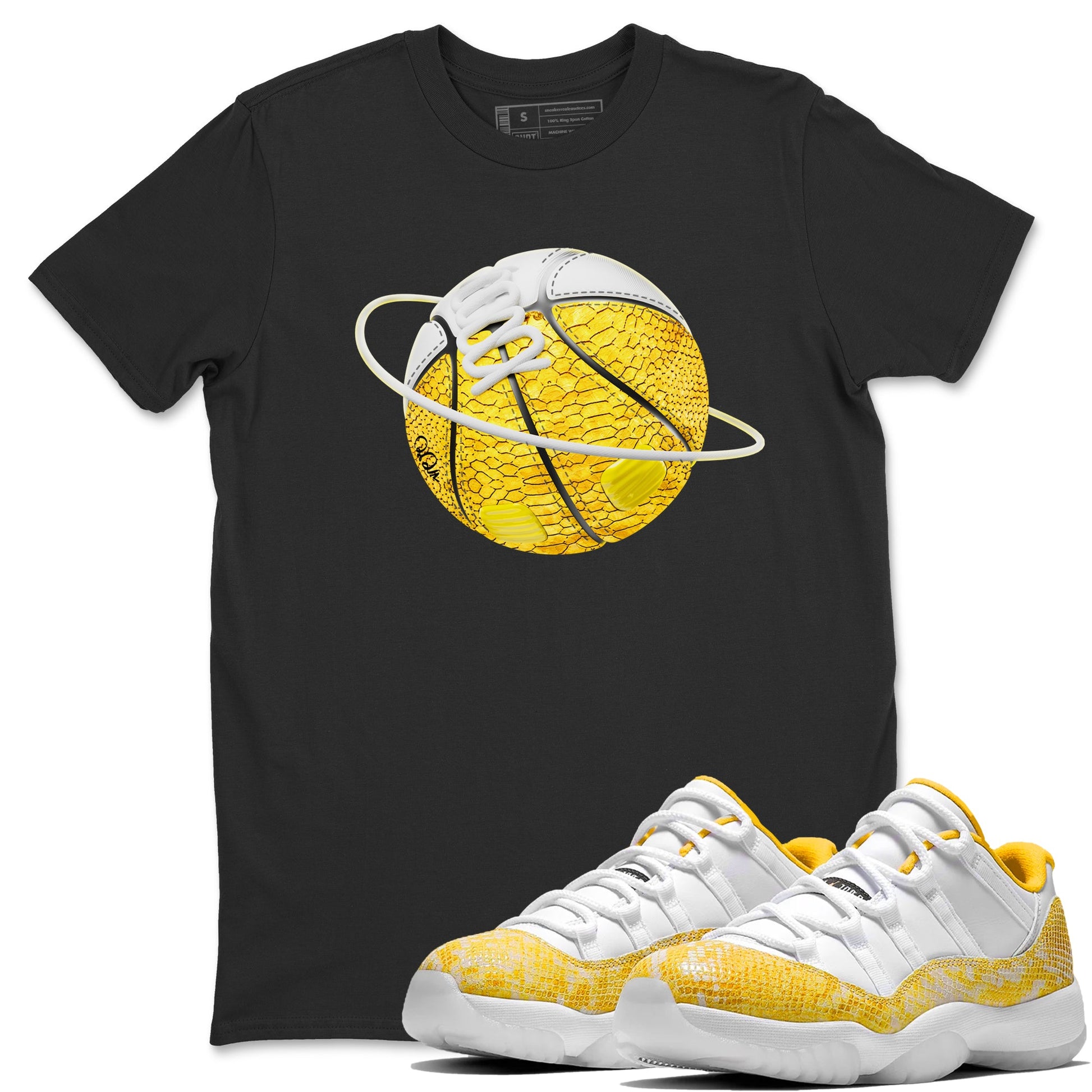 Air Jordan 11 Yellow Python Sneaker Match Tees Basketball Planet Sneaker Tees AJ11 Yellow Python Sneaker Release Tees Unisex Shirts Black 1