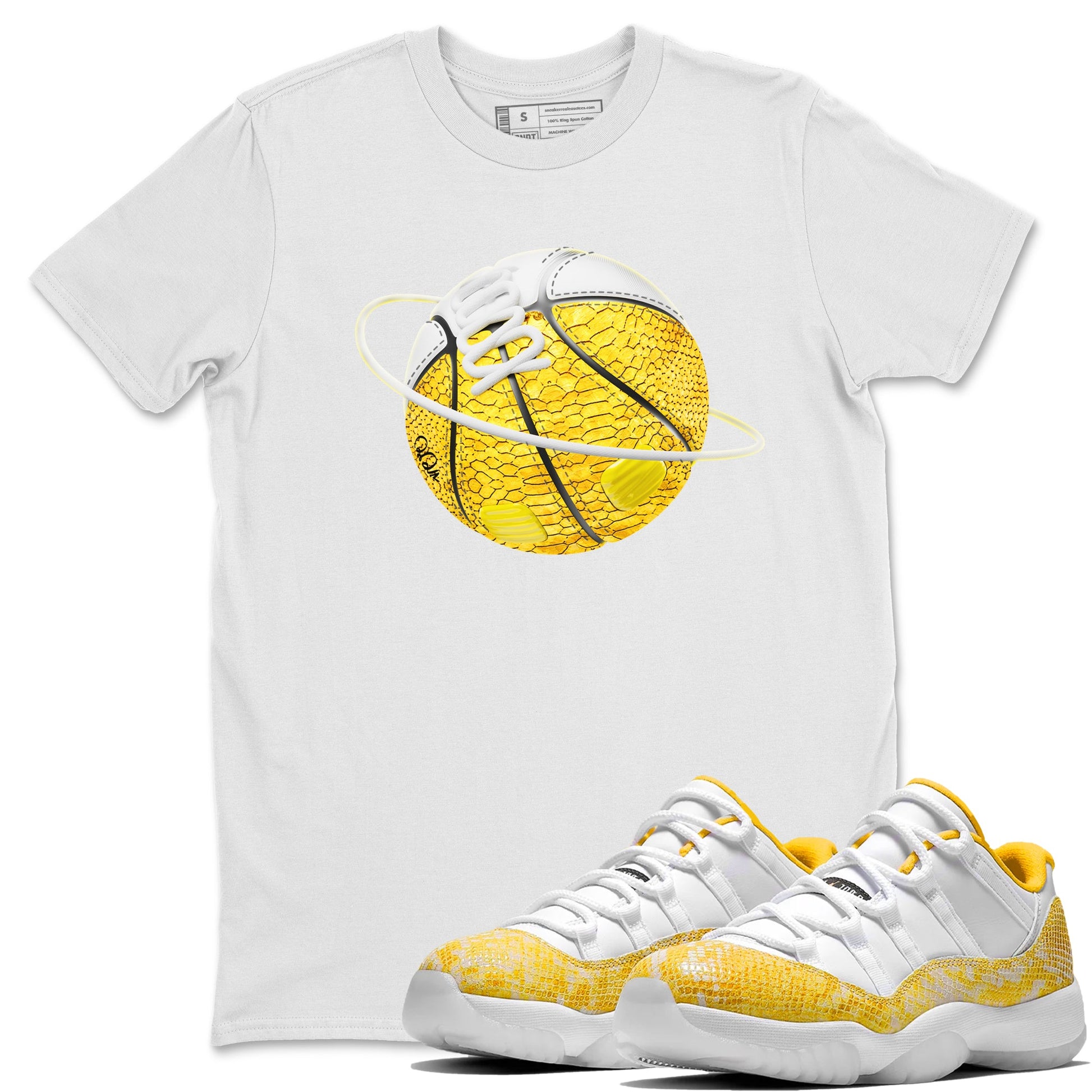 Air Jordan 11 Yellow Python Sneaker Match Tees Basketball Planet Sneaker Tees AJ11 Yellow Python Sneaker Release Tees Unisex Shirts White 1