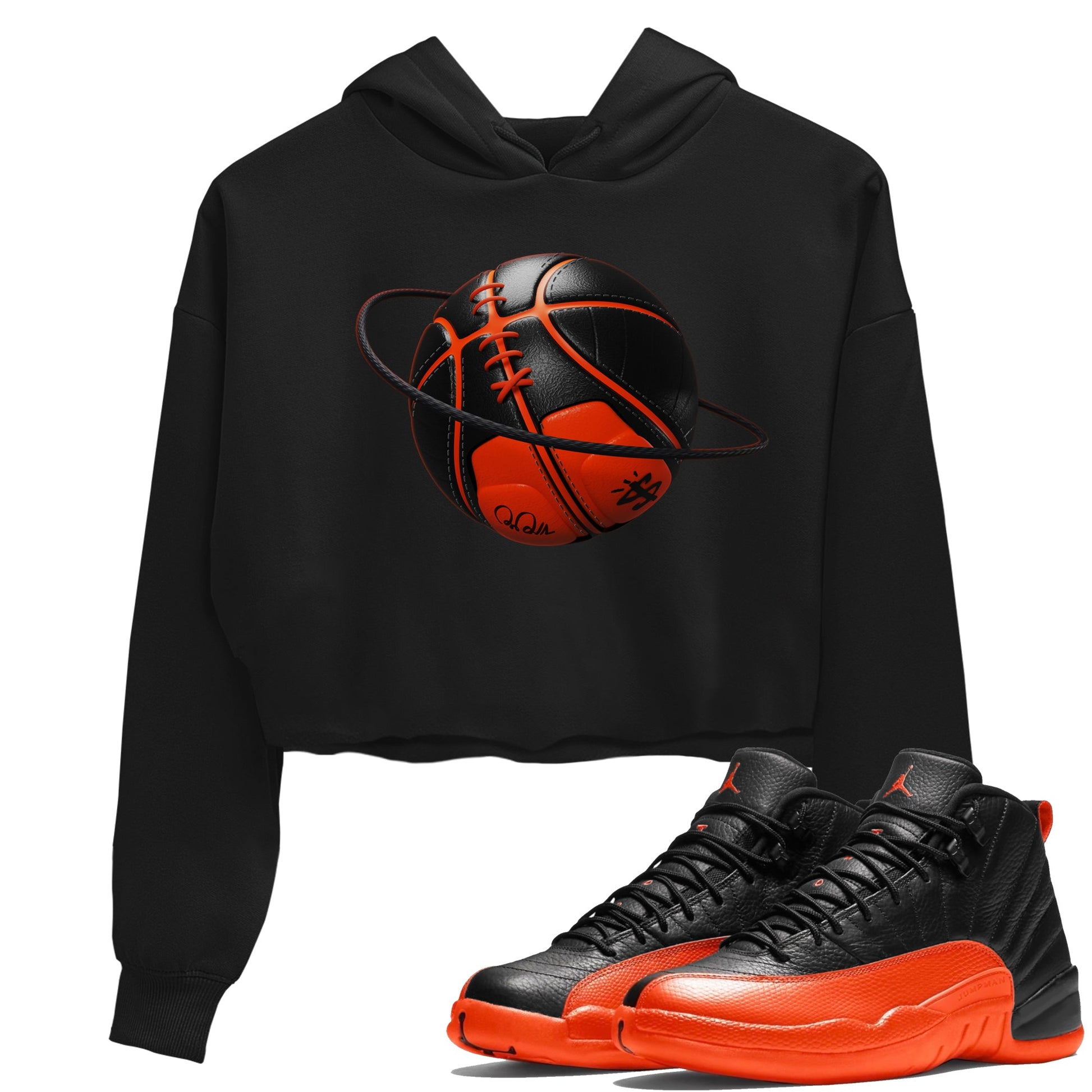Air Jordan 12 Brilliant Orange Sneaker Match Tees Basketball Planet Sneaker Tees AJ12 Brilliant Orange Sneaker Release Tees Women's Shirts Black 1