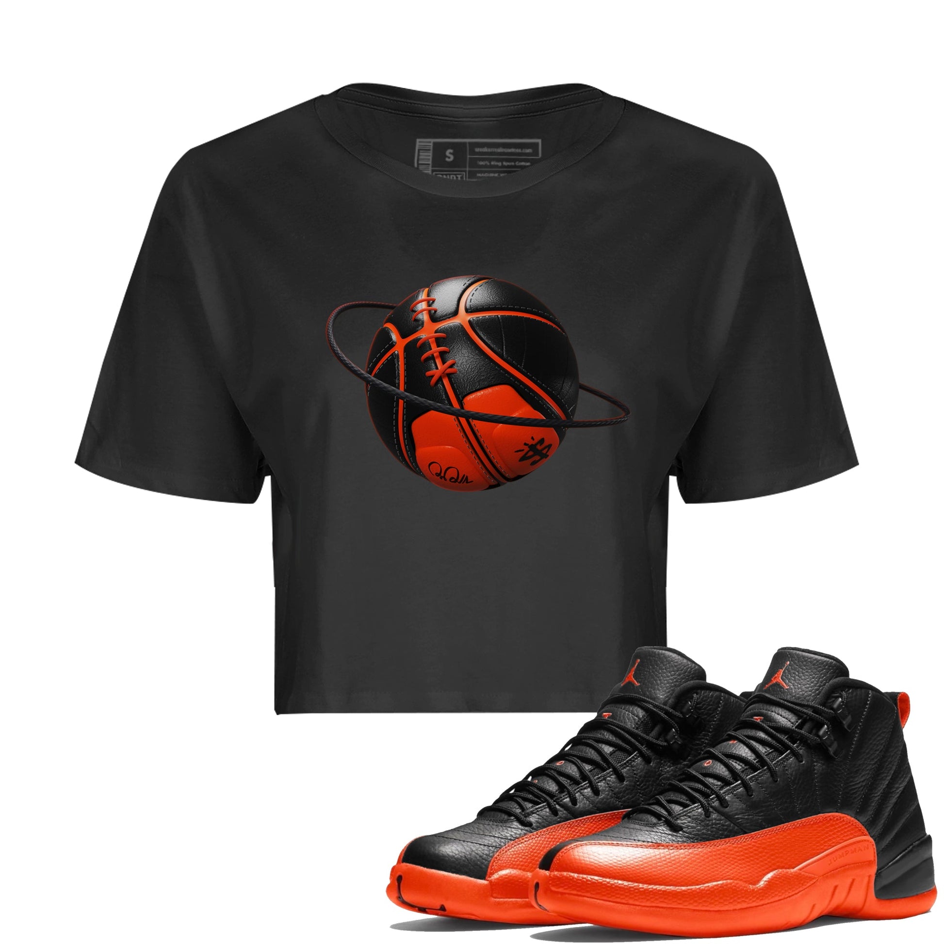 Air Jordan 12 Brilliant Orange Sneaker Match Tees Basketball Planet Sneaker Tees AJ12 Brilliant Orange Sneaker Release Tees Women's Shirts Black 1