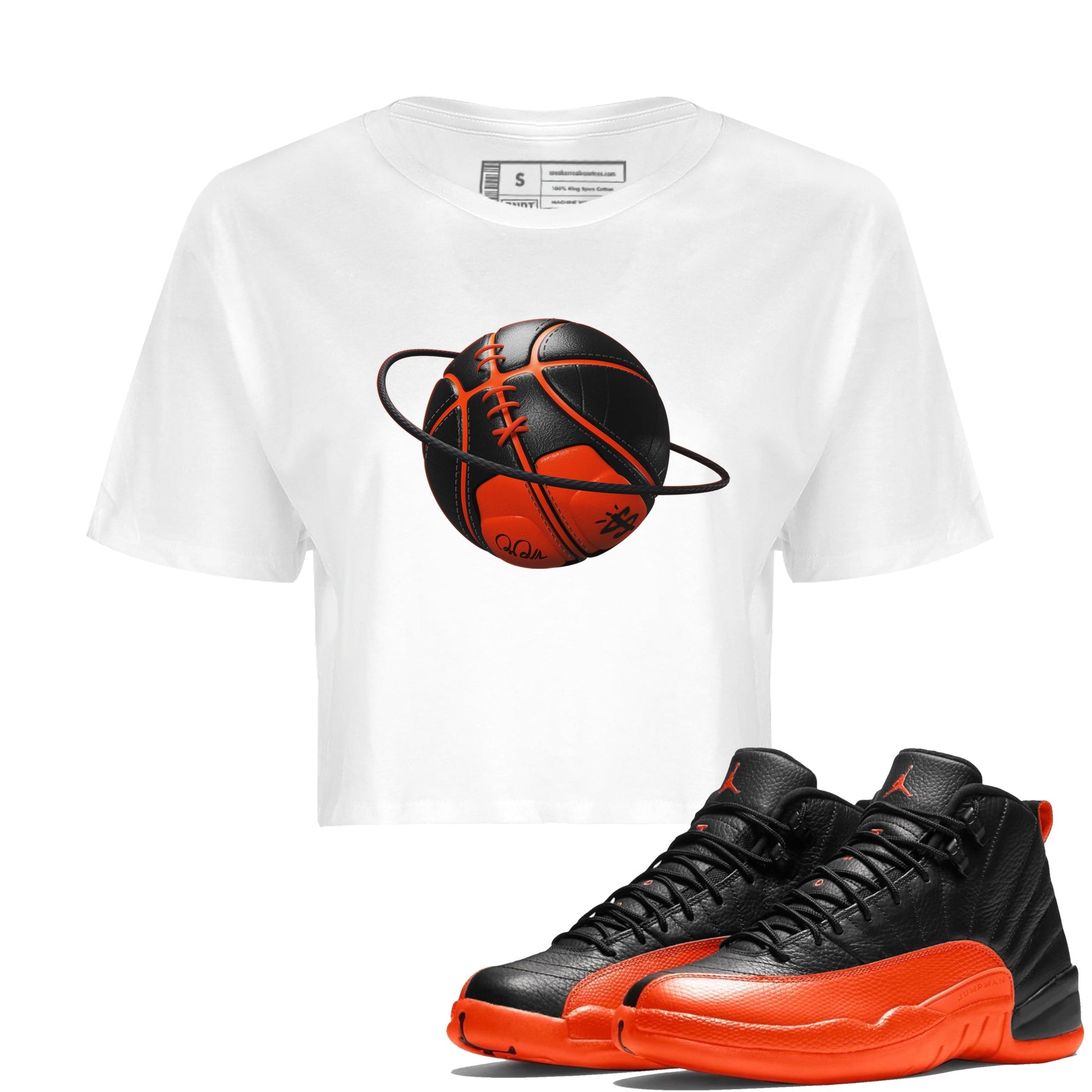 Air Jordan 12 Brilliant Orange Sneaker Match Tees Basketball Planet Sneaker Tees AJ12 Brilliant Orange Sneaker Release Tees Women's Shirts White 1