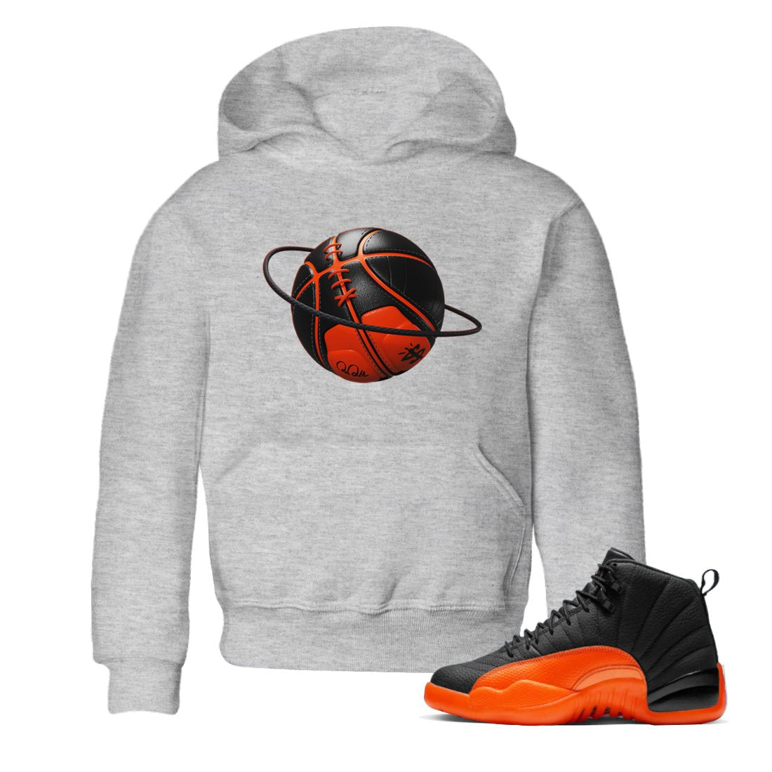 Air Jordan 12 Brilliant Orange Sneaker Match Tees Basketball Planet Sneaker Tees AJ12 Brilliant Orange Sneaker Release Tees Kids Shirts Heather Grey 1