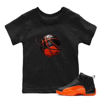 Air Jordan 12 Brilliant Orange Sneaker Match Tees Basketball Planet Sneaker Tees AJ12 Brilliant Orange Sneaker Release Tees Kids Shirts Black 1