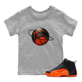 Air Jordan 12 Brilliant Orange Sneaker Match Tees Basketball Planet Sneaker Tees AJ12 Brilliant Orange Sneaker Release Tees Kids Shirts Heather Grey 1