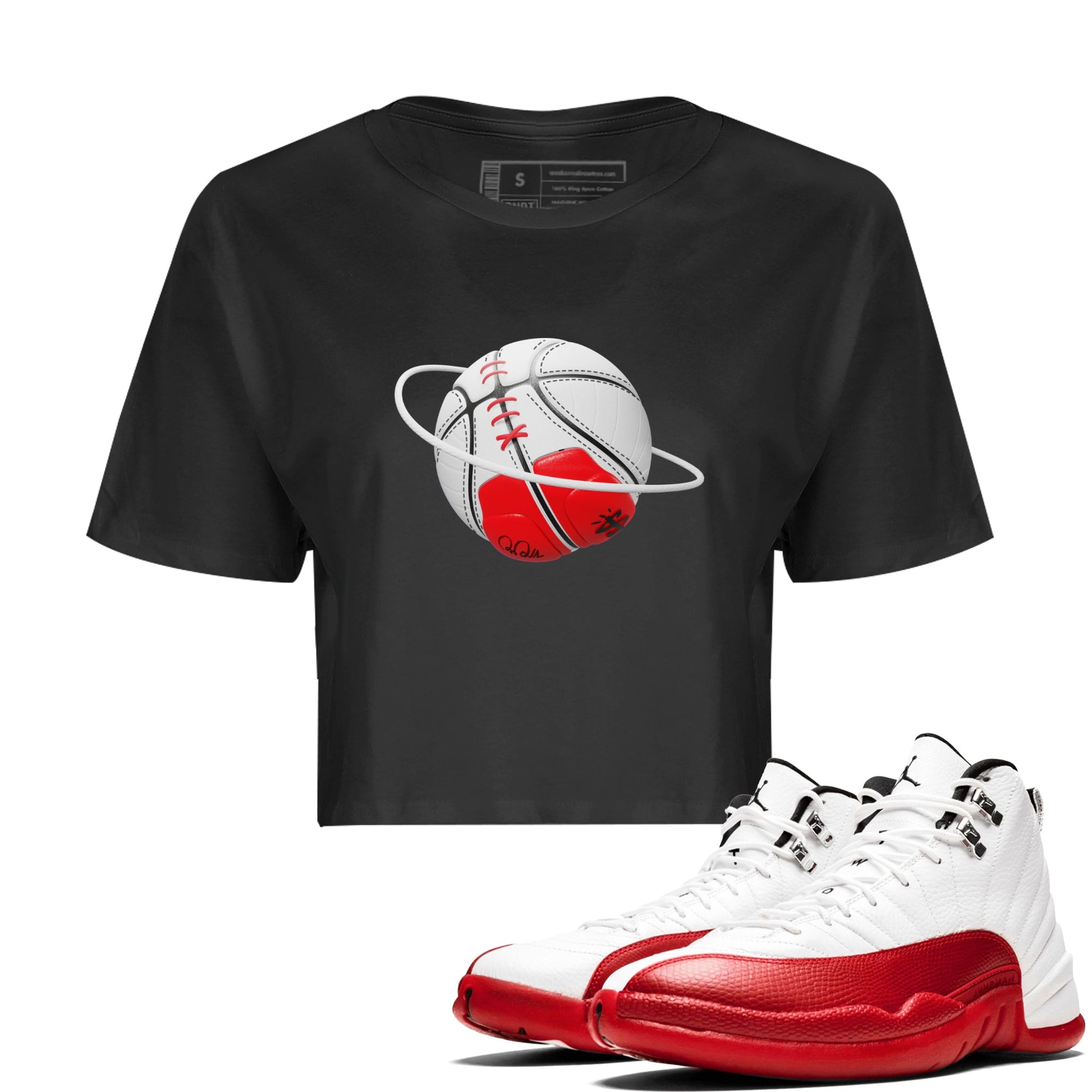 Air Jordan 12 Cherry Sneaker Match Tees Basketball Planet Sneaker Tees AJ12 Cherry Sneaker Release Tees Women's Shirts Black 1