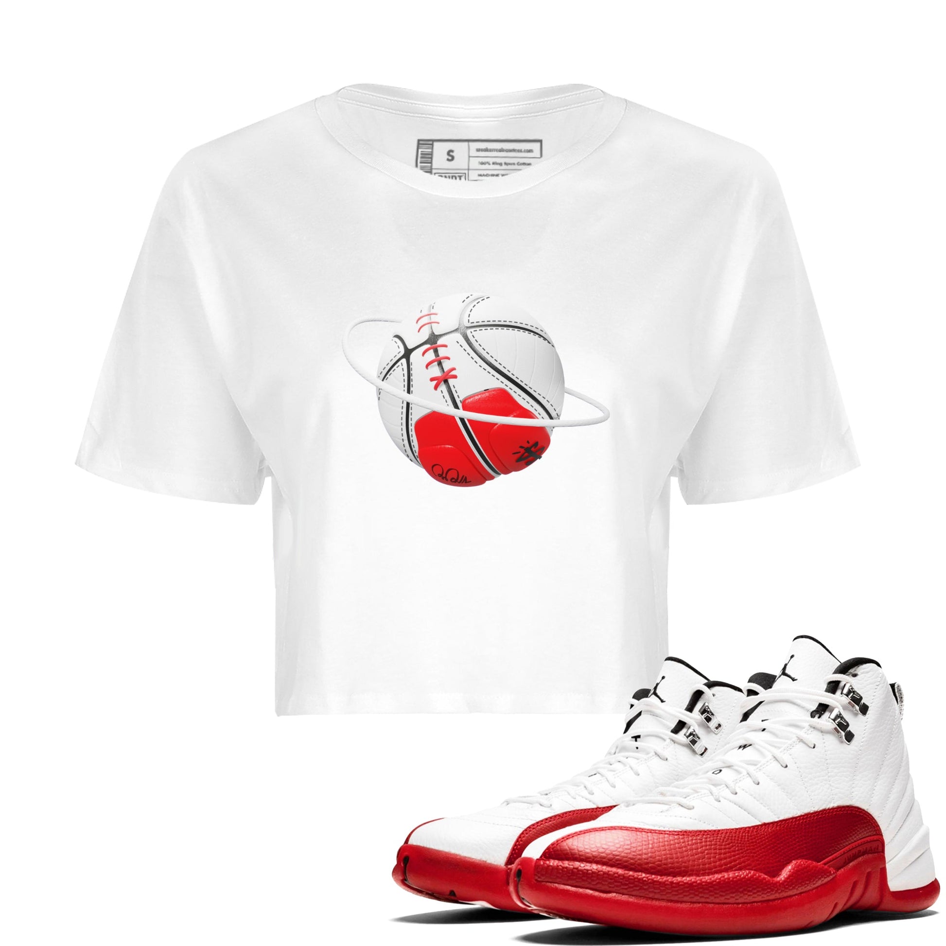 Air Jordan 12 Cherry Sneaker Match Tees Basketball Planet Sneaker Tees AJ12 Cherry Sneaker Release Tees Women's Shirts White 1