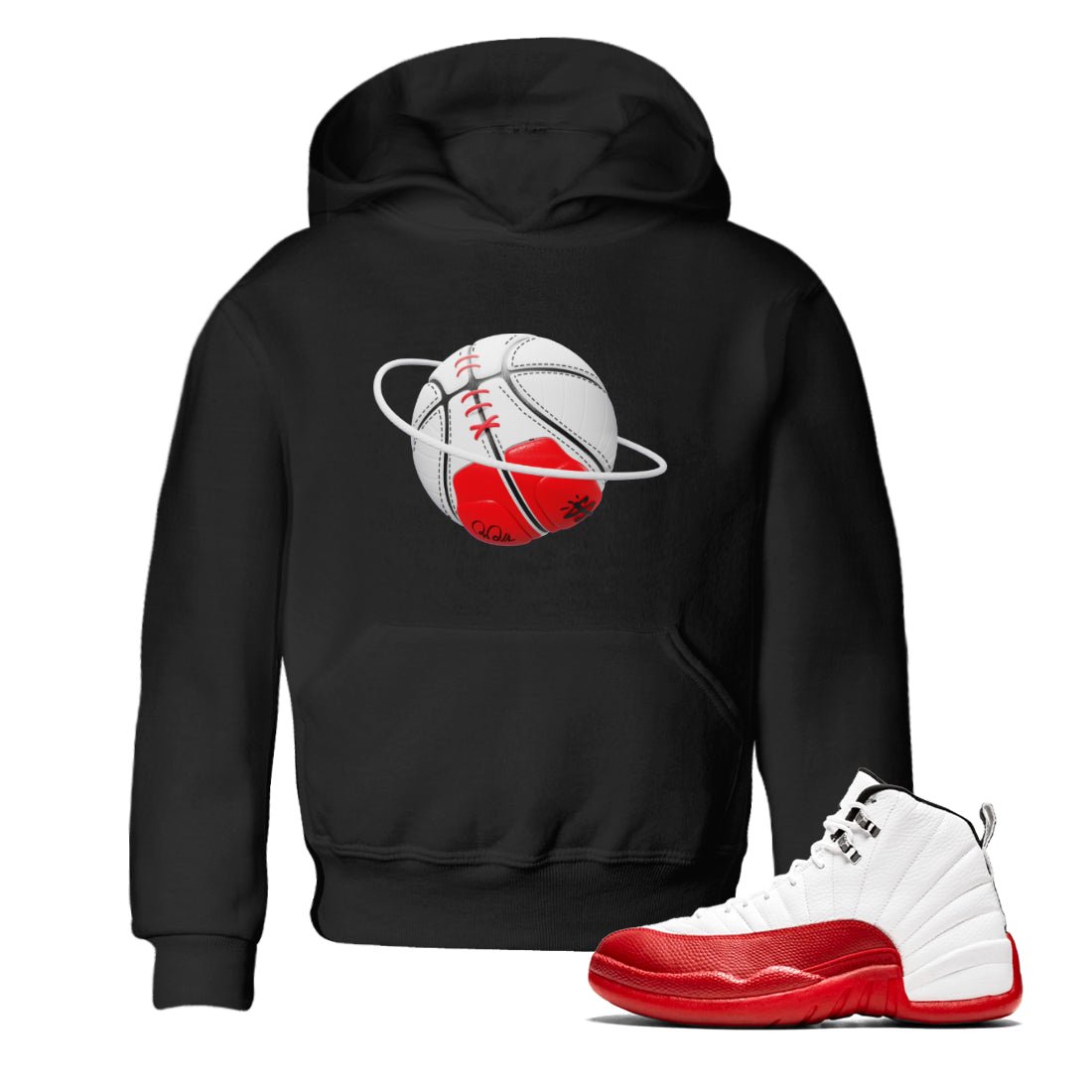 Air Jordan 12 Cherry Sneaker Match Tees Basketball Planet Sneaker Tees AJ12 Cherry Sneaker Release Tees Kids Shirts Black 1