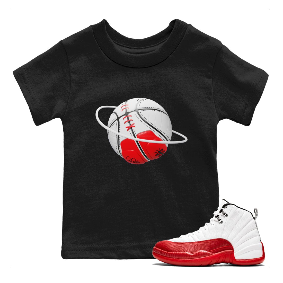 Air Jordan 12 Cherry Sneaker Match Tees Basketball Planet Sneaker Tees AJ12 Cherry Sneaker Release Tees Kids Shirts Black 1