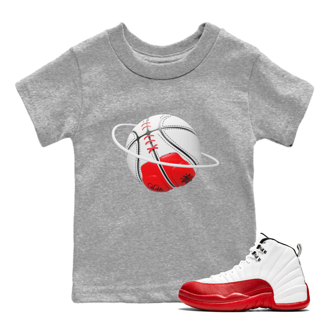 Air Jordan 12 Cherry Sneaker Match Tees Basketball Planet Sneaker Tees AJ12 Cherry Sneaker Release Tees Kids Shirts Heather Grey 1