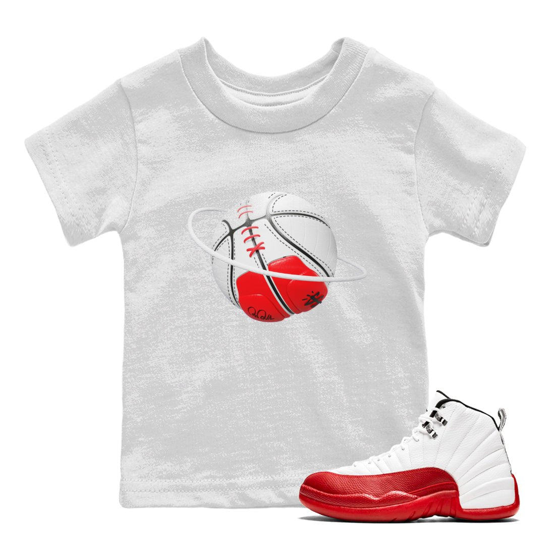 Air Jordan 12 Cherry Sneaker Match Tees Basketball Planet Sneaker Tees AJ12 Cherry Sneaker Release Tees Kids Shirts White 1
