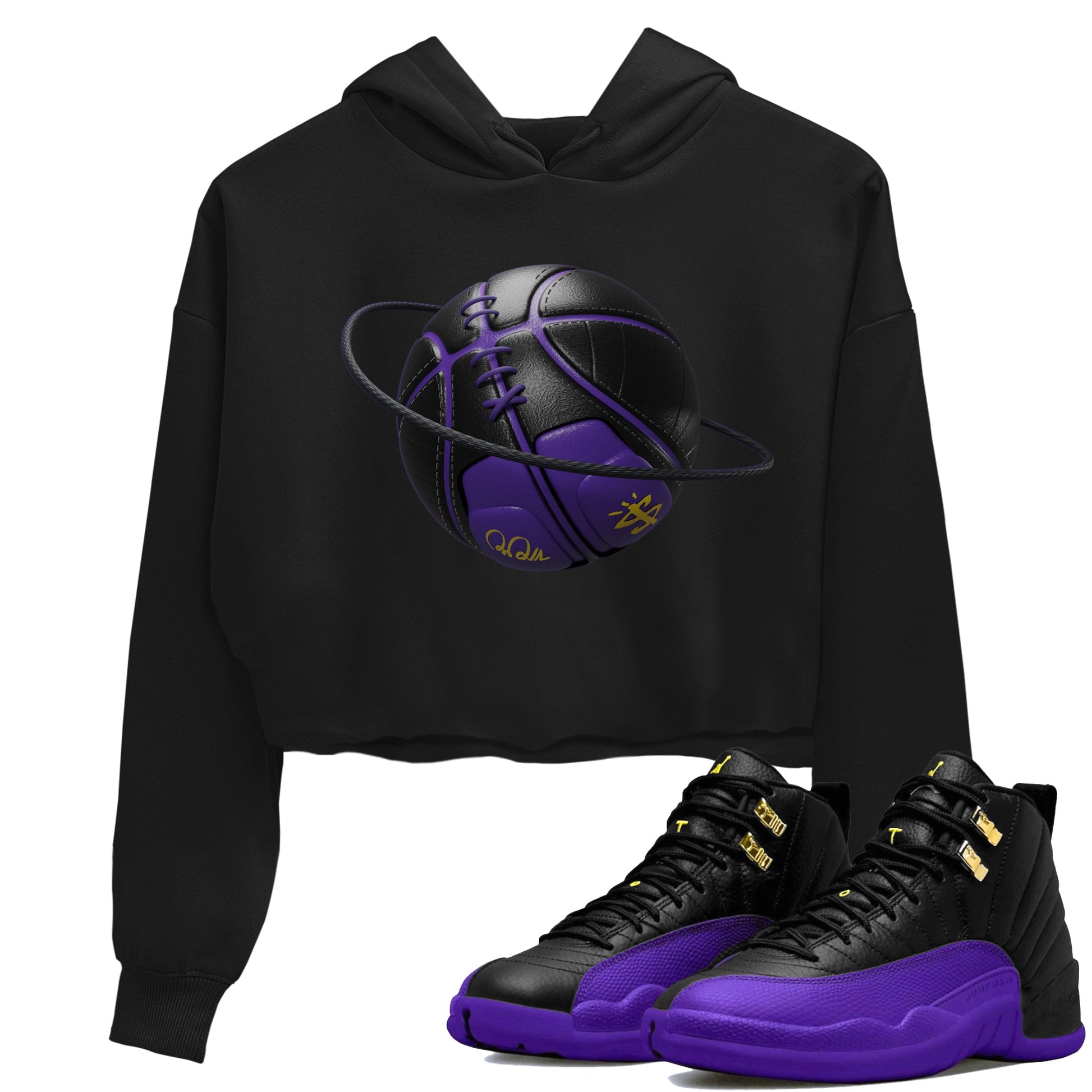 Air Jordan 12 Field Purple Sneaker Match Tees Basketball Planet Sneaker Tees AJJordan 12 Lakers Sneaker Release Tees Women's Shirts Black 1