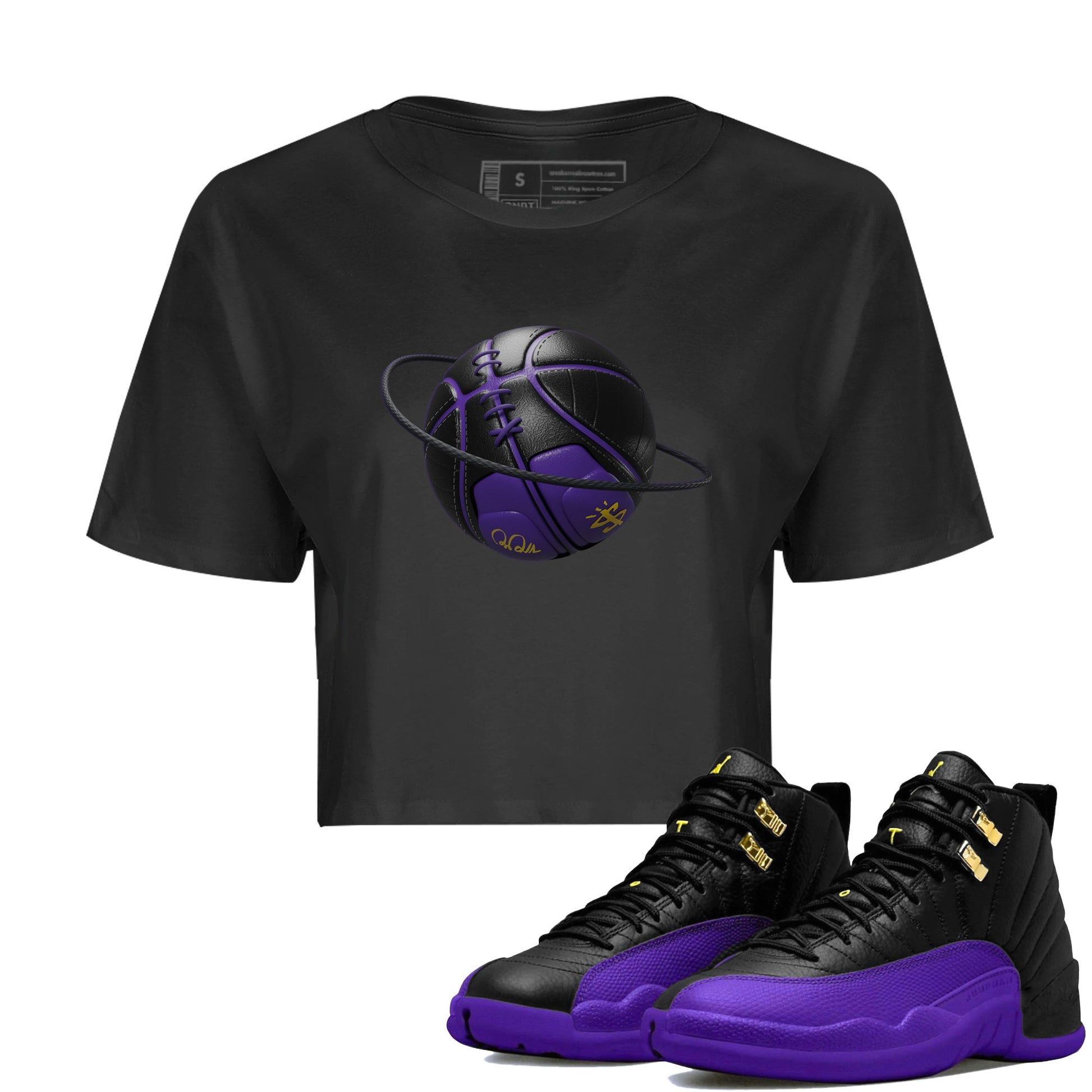 Air Jordan 12 Field Purple Sneaker Match Tees Basketball Planet Sneaker Tees AJJordan 12 Lakers Sneaker Release Tees Women's Shirts Black 1