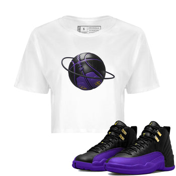 Air Jordan 12 Field Purple Sneaker Match Tees Basketball Planet Sneaker Tees AJJordan 12 Lakers Sneaker Release Tees Women's Shirts White 1