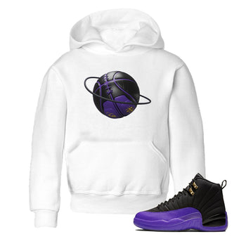Air Jordan 12 Field Purple Sneaker Match Tees Basketball Planet Sneaker Tees AJJordan 12 Lakers Sneaker Release Tees Kids Shirts White 1