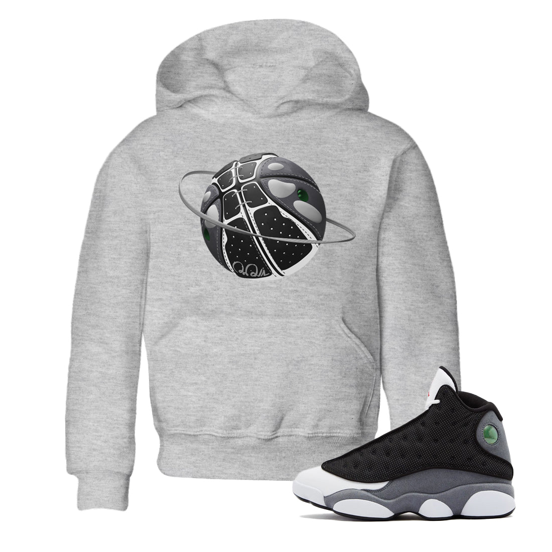 Air Jordan 13 Black Flint Sneaker Match Tees Basketball Planet Sneaker Tees AJ13 Retro Black Flint Sneaker Release Tees Kids Shirts Heather Grey 1