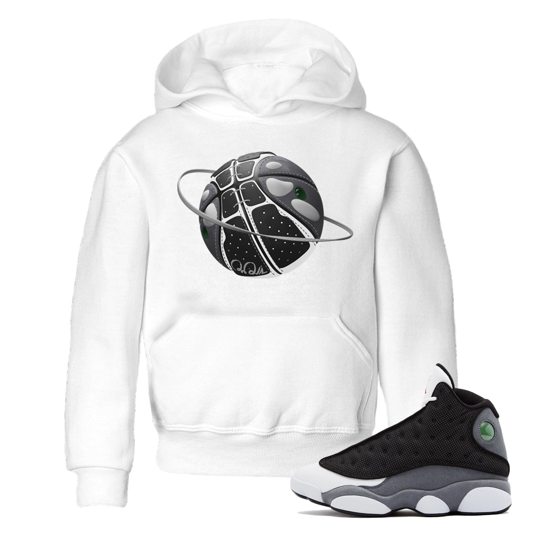 Air Jordan 13 Black Flint Sneaker Match Tees Basketball Planet Sneaker Tees AJ13 Retro Black Flint Sneaker Release Tees Kids Shirts White 1