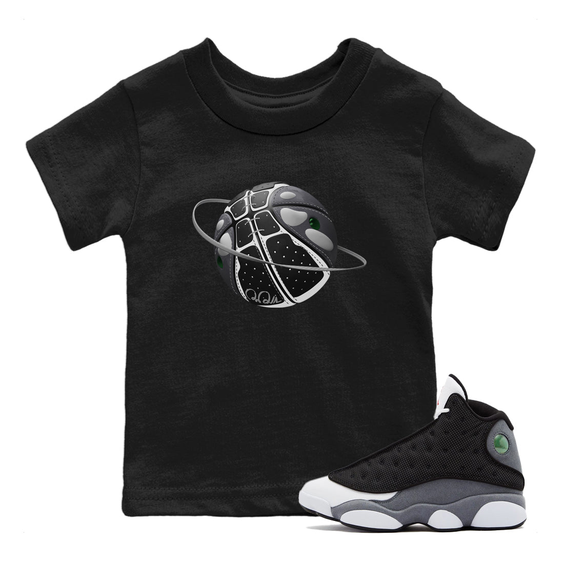 Air Jordan 13 Black Flint Sneaker Match Tees Basketball Planet Sneaker Tees AJ13 Retro Black Flint Sneaker Release Tees Kids Shirts Black 1