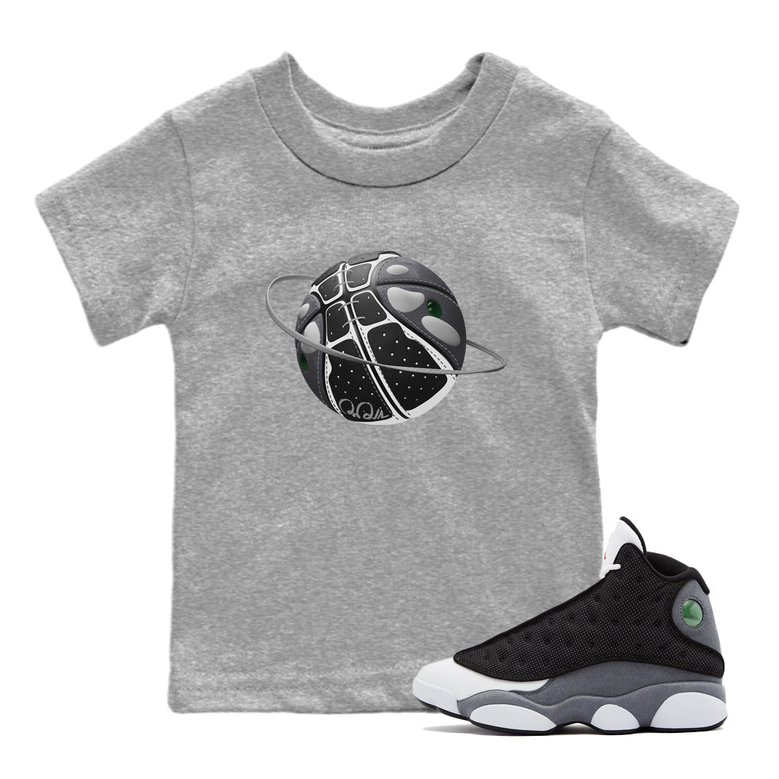 Air Jordan 13 Black Flint Sneaker Match Tees Basketball Planet Sneaker Tees AJ13 Retro Black Flint Sneaker Release Tees Kids Shirts Heather Grey 1