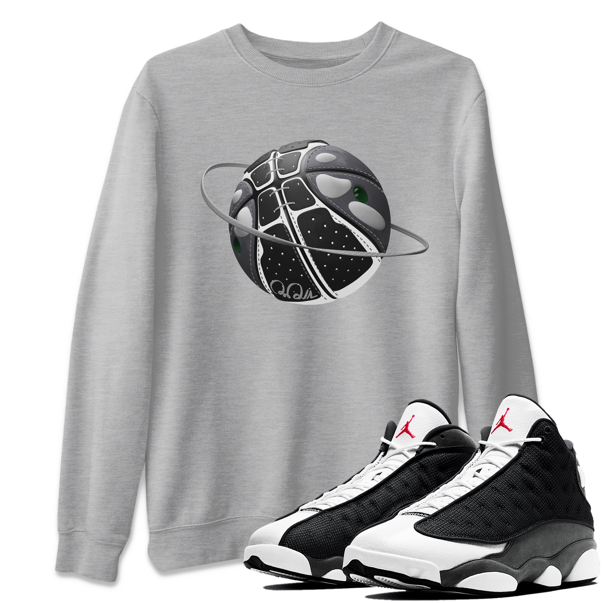 Air Jordan 13 Black Flint Sneaker Match Tees Basketball Planet Sneaker Tees AJ13 Retro Black Flint Sneaker Release Tees Unisex Shirts Heather Grey 1