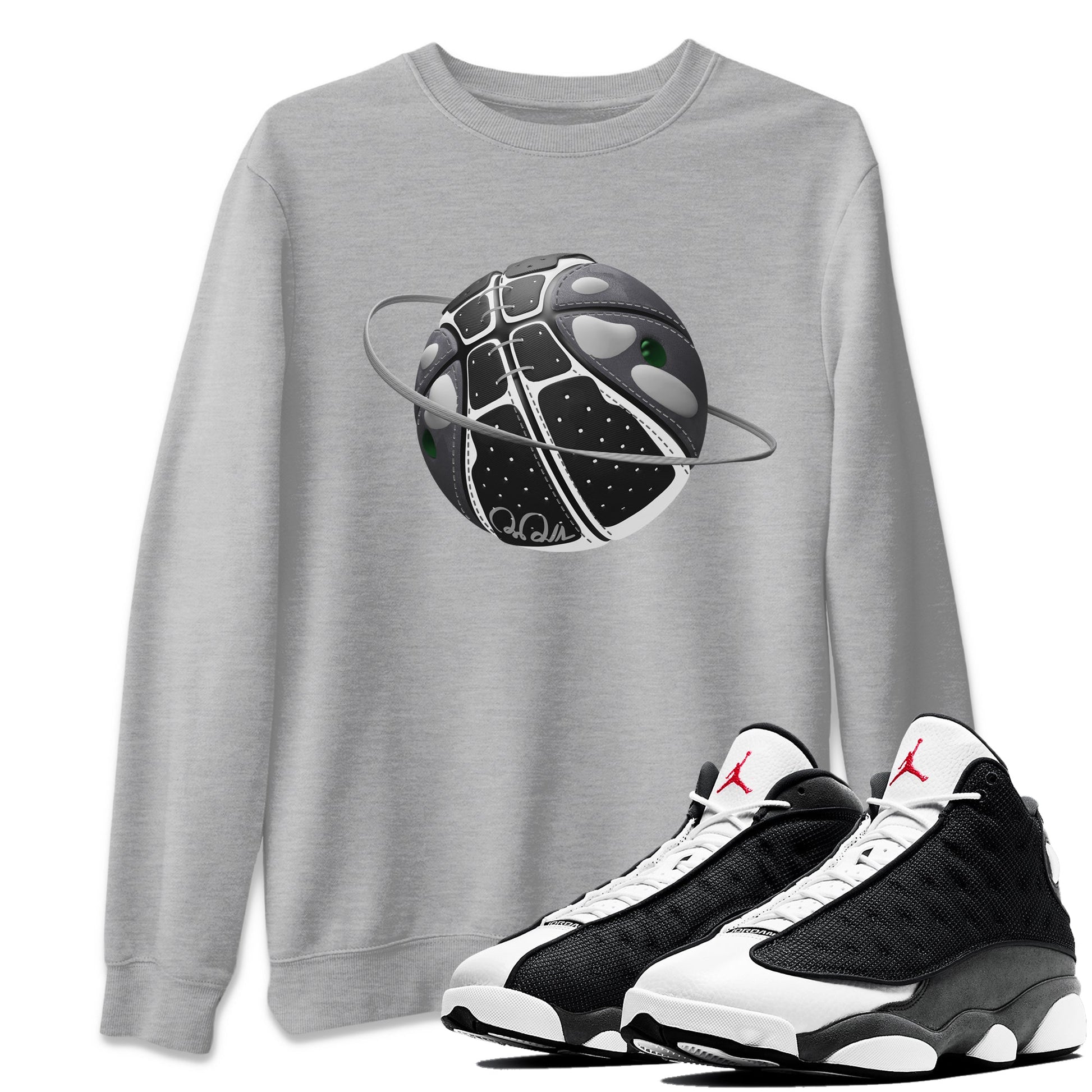 Air Jordan 13 Black Flint Sneaker Match Tees Basketball Planet Sneaker Tees AJ13 Retro Black Flint Sneaker Release Tees Unisex Shirts Heather Grey 1