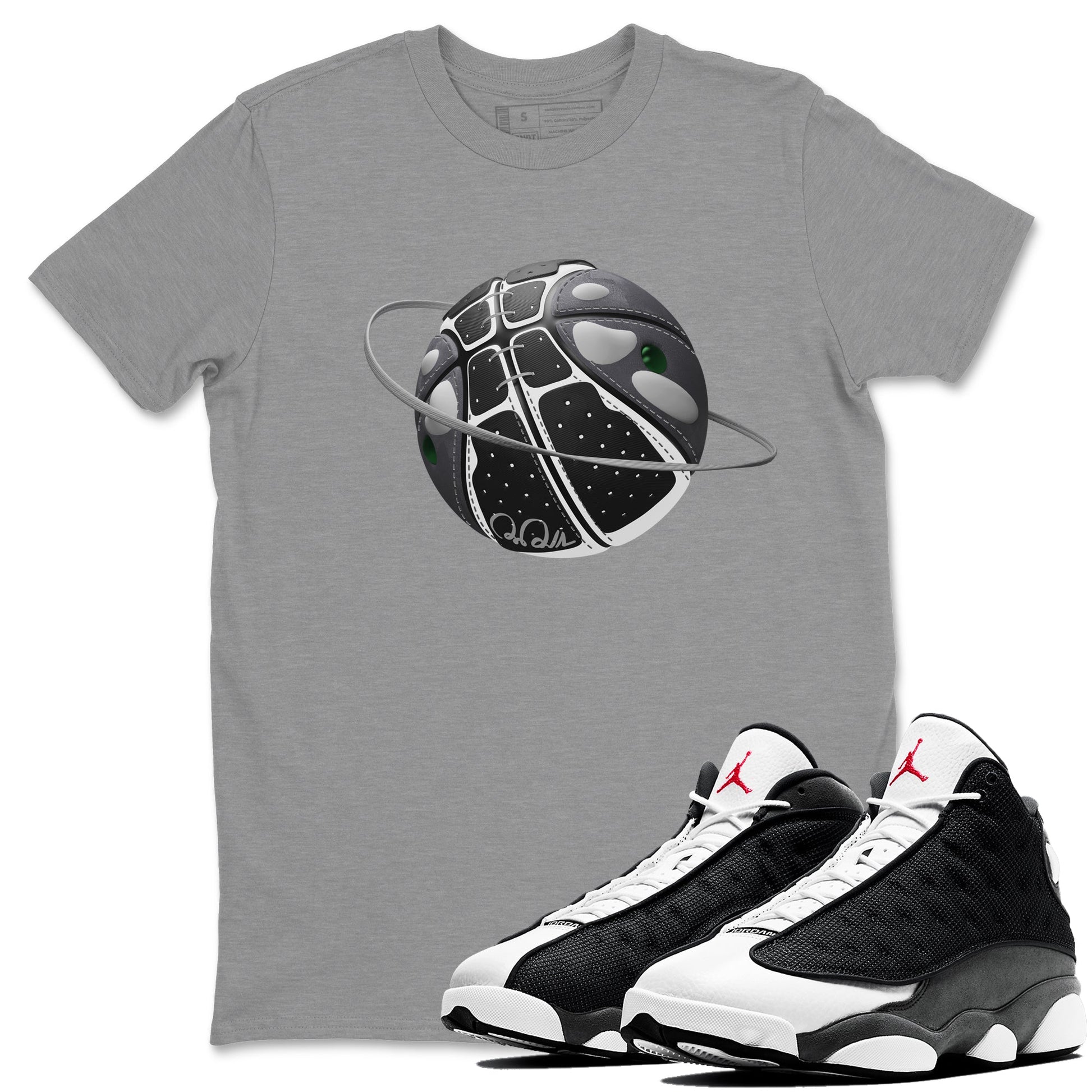 Air Jordan 13 Black Flint Sneaker Match Tees Basketball Planet Sneaker Tees AJ13 Retro Black Flint Sneaker Release Tees Unisex Shirts Heather Grey 1