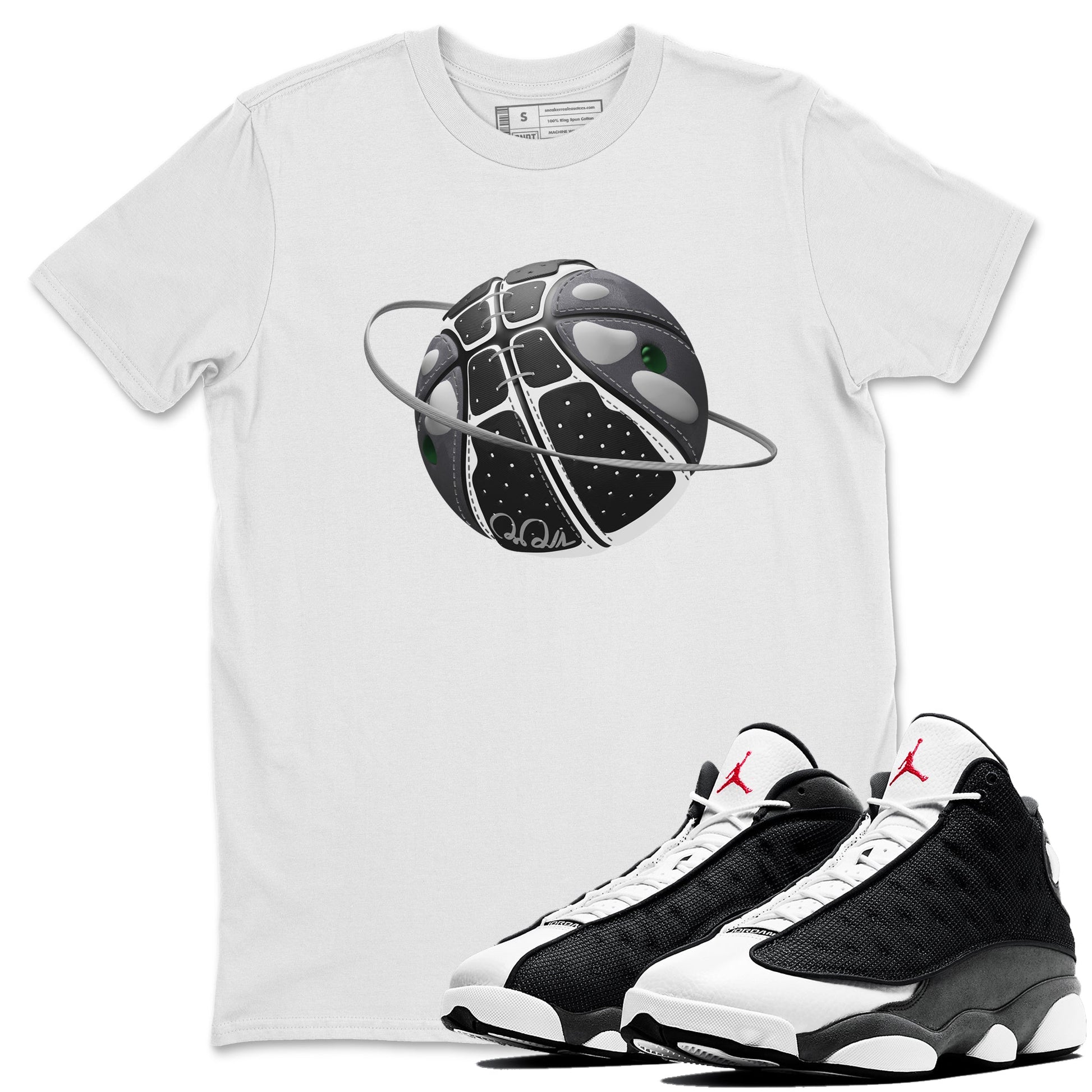 Air Jordan 13 Black Flint Sneaker Match Tees Basketball Planet Sneaker Tees AJ13 Retro Black Flint Sneaker Release Tees Unisex Shirts White 1