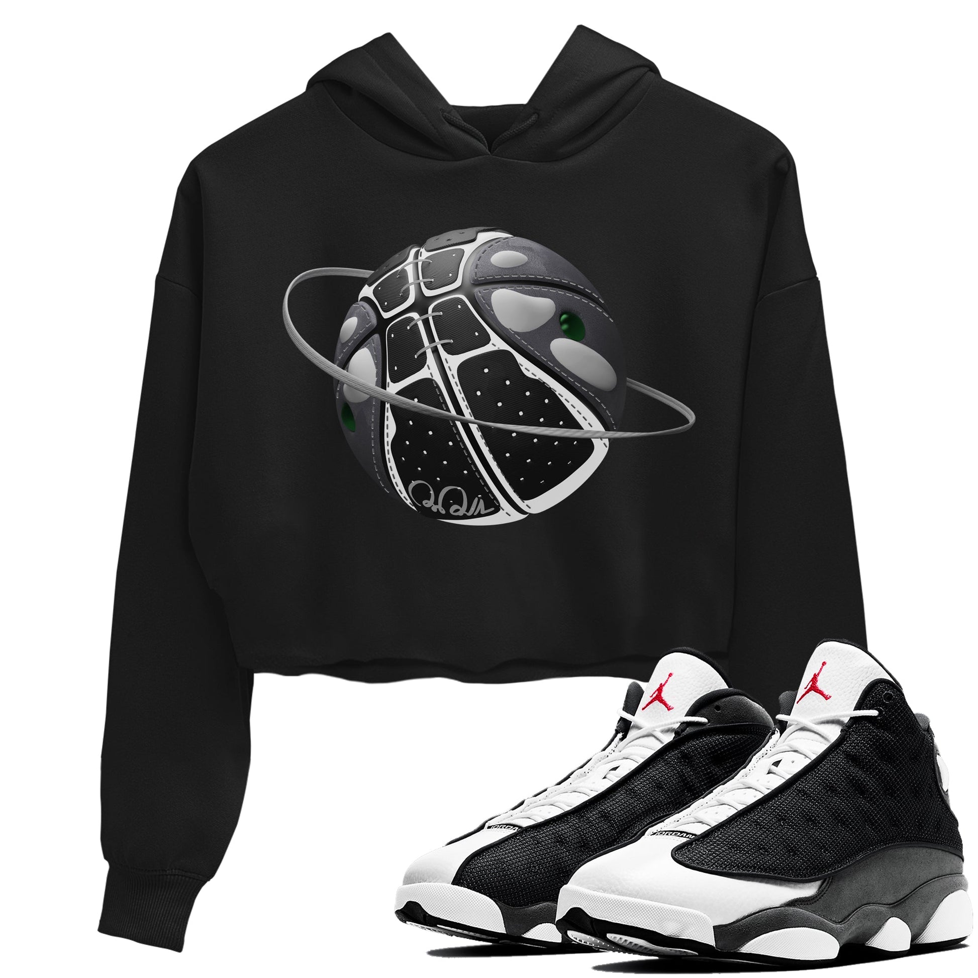 Air Jordan 13 Black Flint Sneaker Match Tees Basketball Planet Sneaker Tees AJ13 Retro Black Flint Sneaker Release Tees Women's Shirts Black 1
