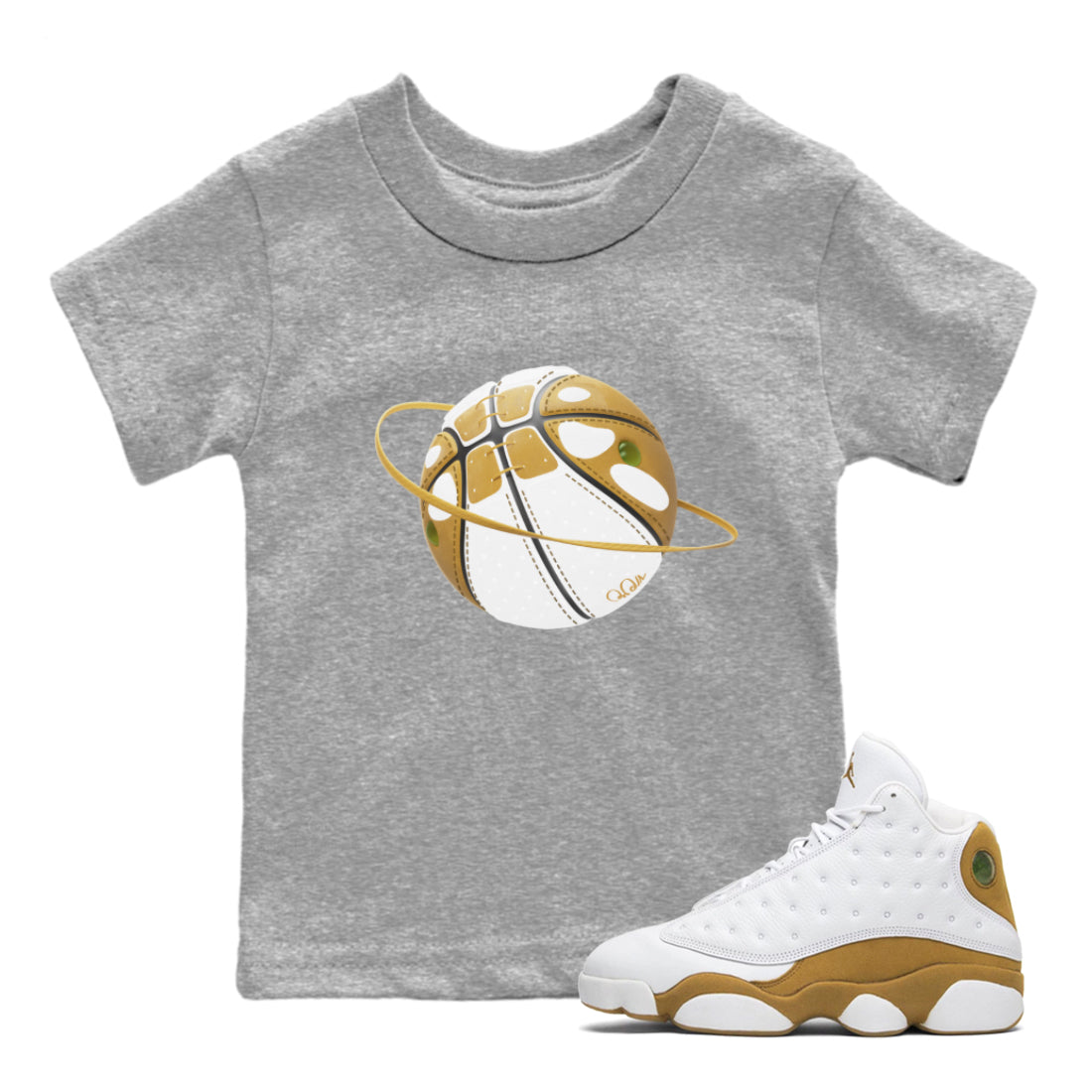 Air Jordan 13 Wheat Sneaker Match Tees Basketball Planet Sneaker Tees AJ13 Wheat Sneaker Release Tees Kids Shirts Heather Grey 1