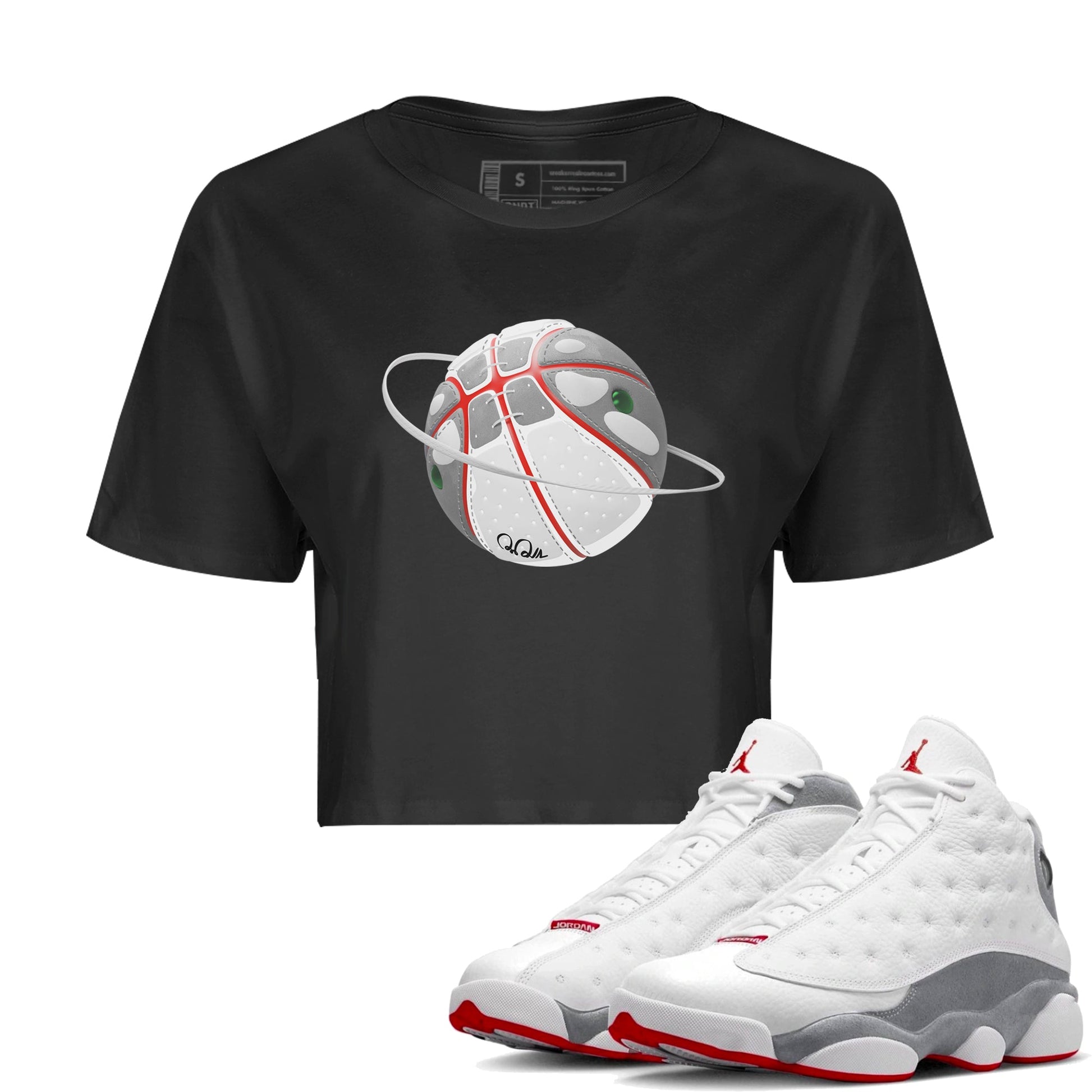 Air Jordan 13 Wolf Grey Sneaker Match Tees Basketball Planet Sneaker Tees AJ13 Wolf Grey Sneaker Release Tees Women's Shirts Black 1