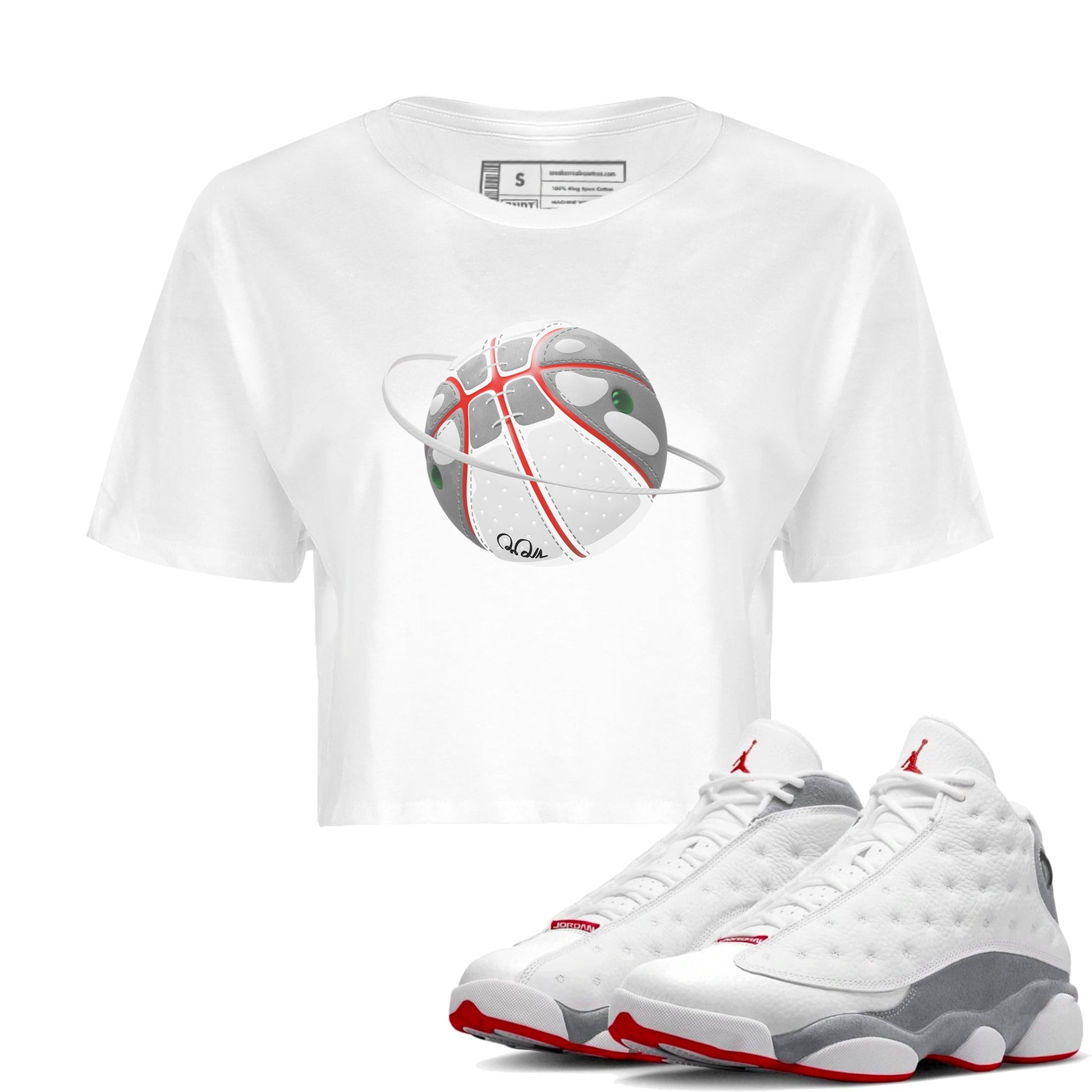 Air Jordan 13 Wolf Grey Sneaker Match Tees Basketball Planet Sneaker Tees AJ13 Wolf Grey Sneaker Release Tees Women's Shirts White 1