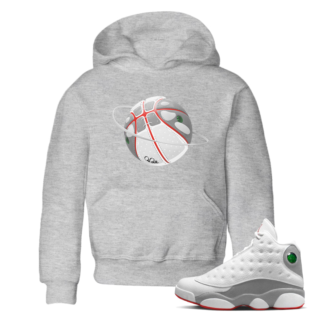 Air Jordan 13 Wolf Grey Sneaker Match Tees Basketball Planet Sneaker Tees AJ13 Wolf Grey Sneaker Release Tees Kids Shirts Heather Grey 1