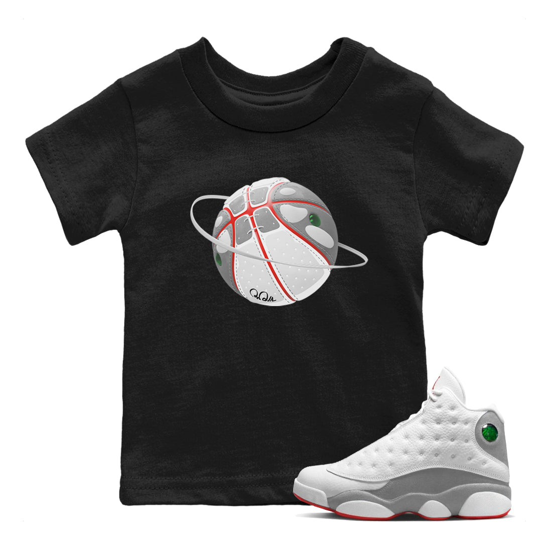 Air Jordan 13 Wolf Grey Sneaker Match Tees Basketball Planet Sneaker Tees AJ13 Wolf Grey Sneaker Release Tees Kids Shirts Black 1