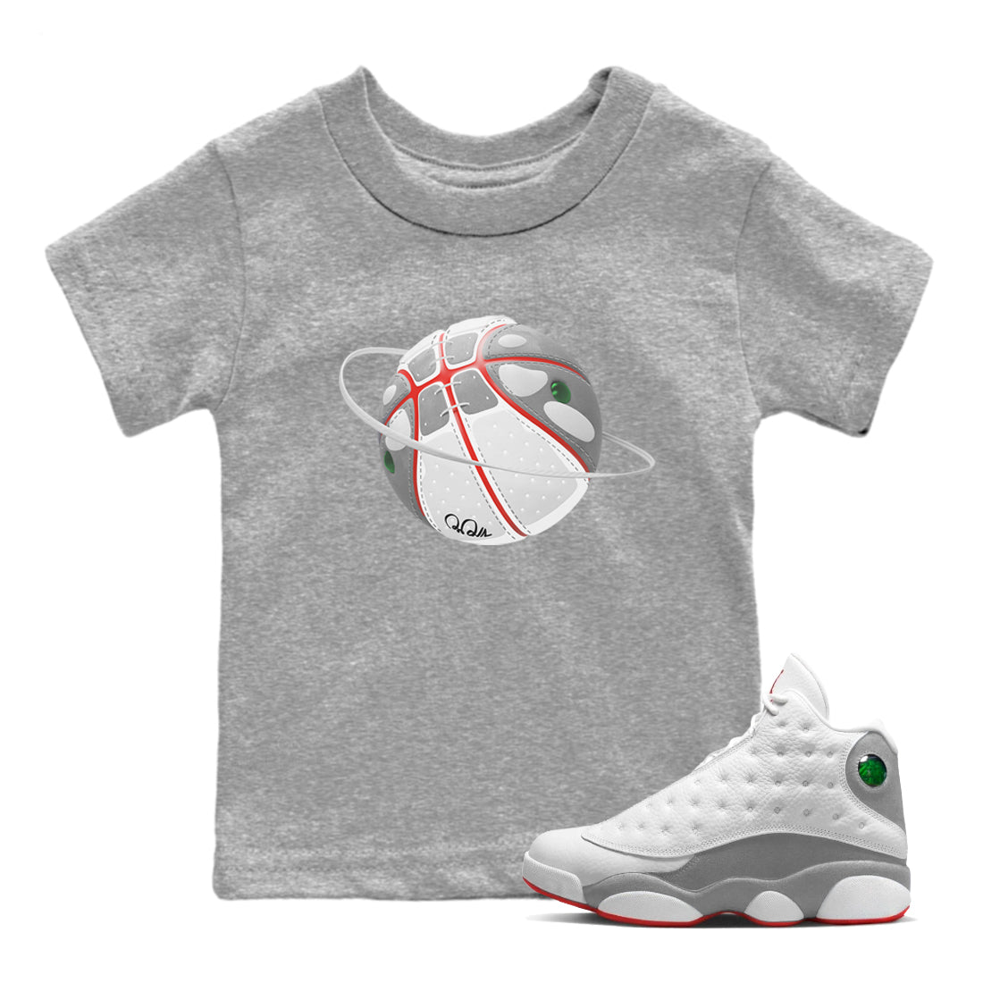 Air Jordan 13 Wolf Grey Sneaker Match Tees Basketball Planet Sneaker Tees AJ13 Wolf Grey Sneaker Release Tees Kids Shirts Heather Grey 1