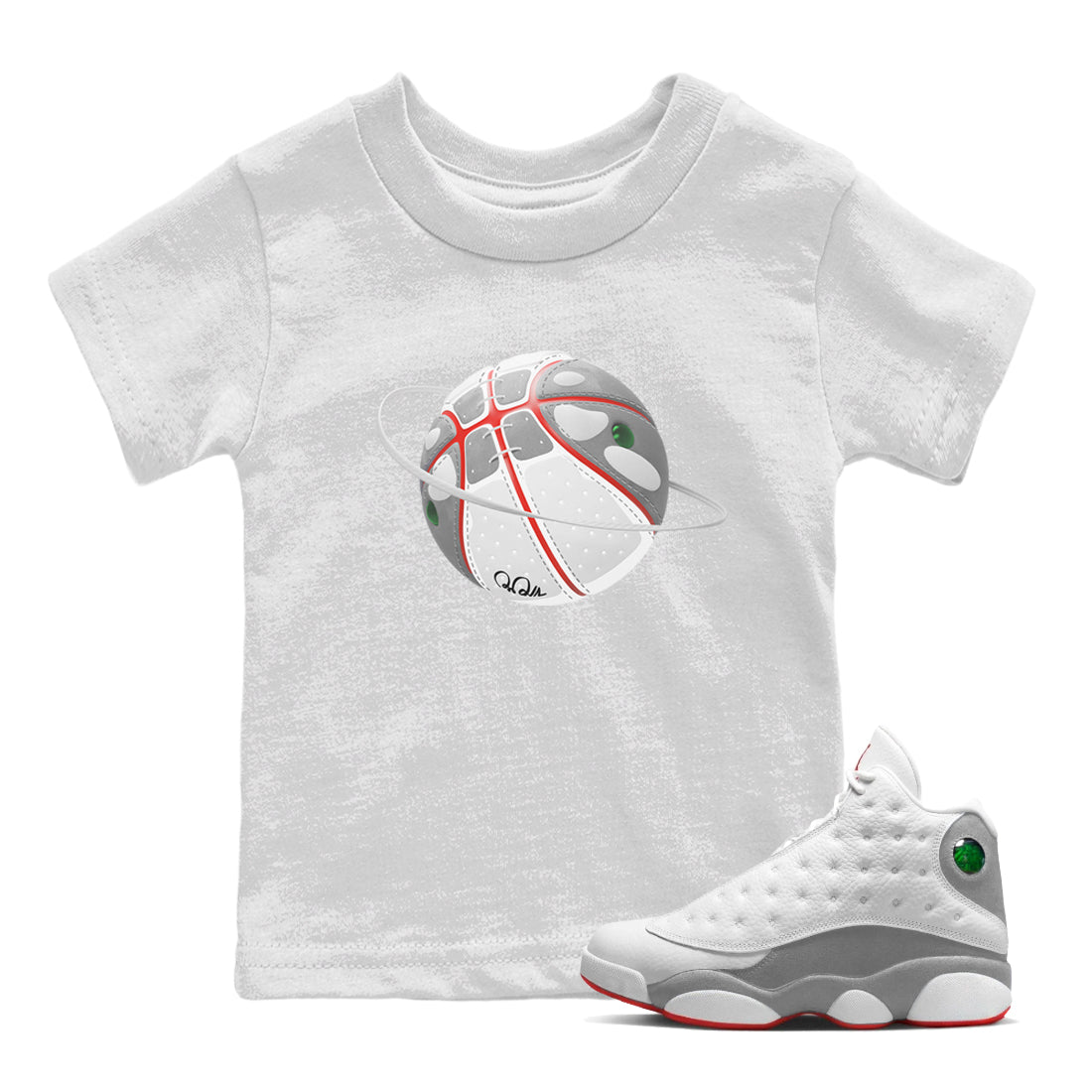 Air Jordan 13 Wolf Grey Sneaker Match Tees Basketball Planet Sneaker Tees AJ13 Wolf Grey Sneaker Release Tees Kids Shirts White 1