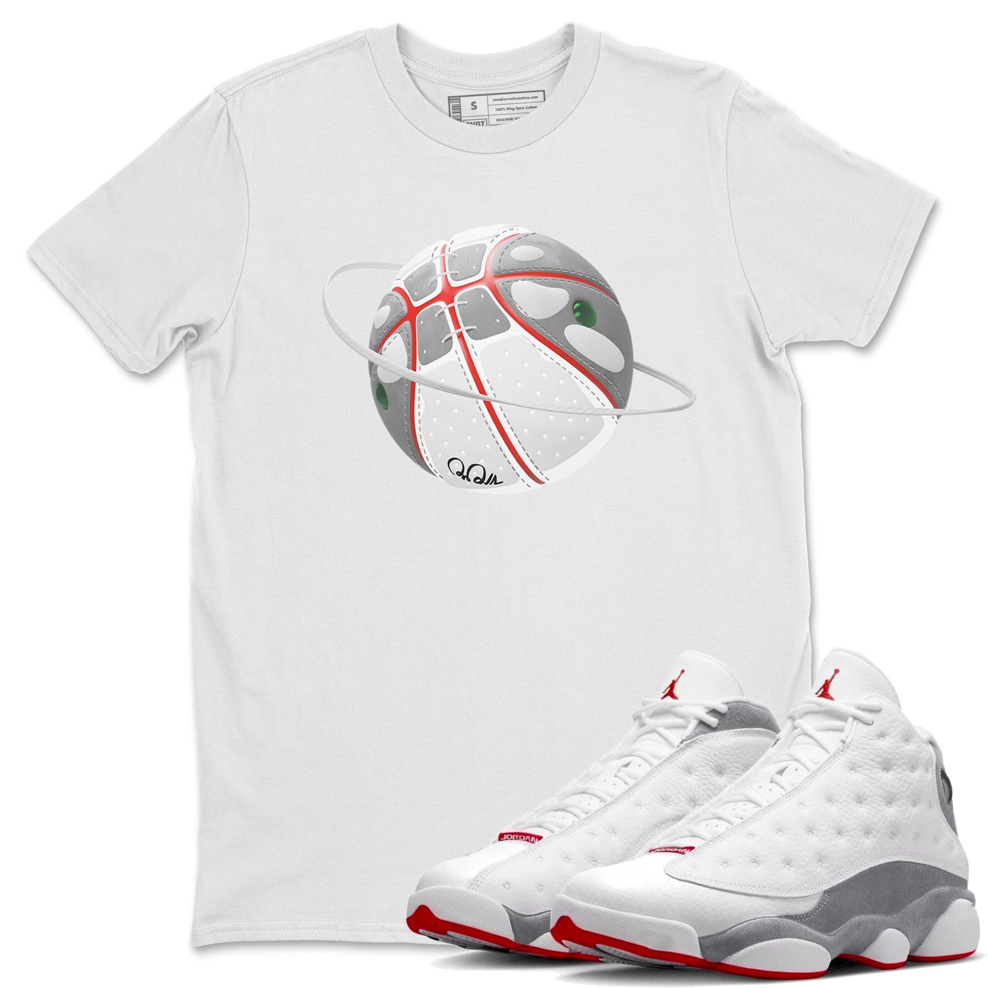 Air Jordan 13 Wolf Grey Sneaker Match Tees Basketball Planet Sneaker Tees AJ13 Wolf Grey Sneaker Release Tees Unisex Shirts White 1