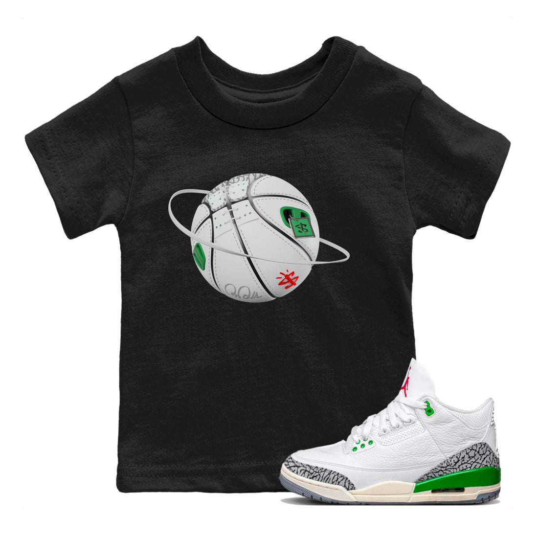 Air Jordan 3 Lucky Green Sneaker Match Tees Basketball Planet Sneaker Tees AJ3 Lucky Green Sneaker Release Tees Kids Shirts Black 1