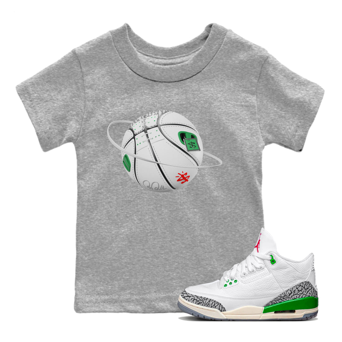 Air Jordan 3 Lucky Green Sneaker Match Tees Basketball Planet Sneaker Tees AJ3 Lucky Green Sneaker Release Tees Kids Shirts Heather Grey 1