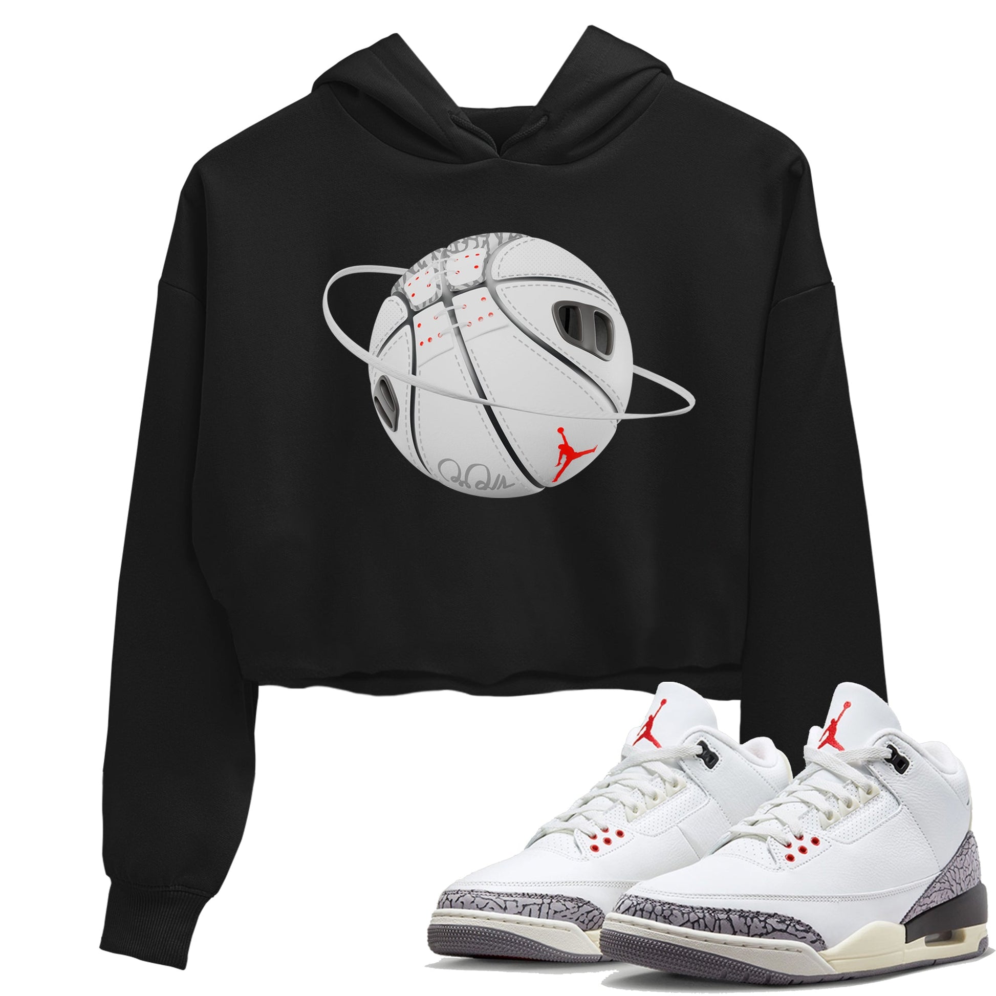 Air Jordan 3 White Cement Sneaker Match Tees Basketball Planet Sneaker Tees AJ3 White Cement Sneaker Release Tees Women's Shirts Black 1