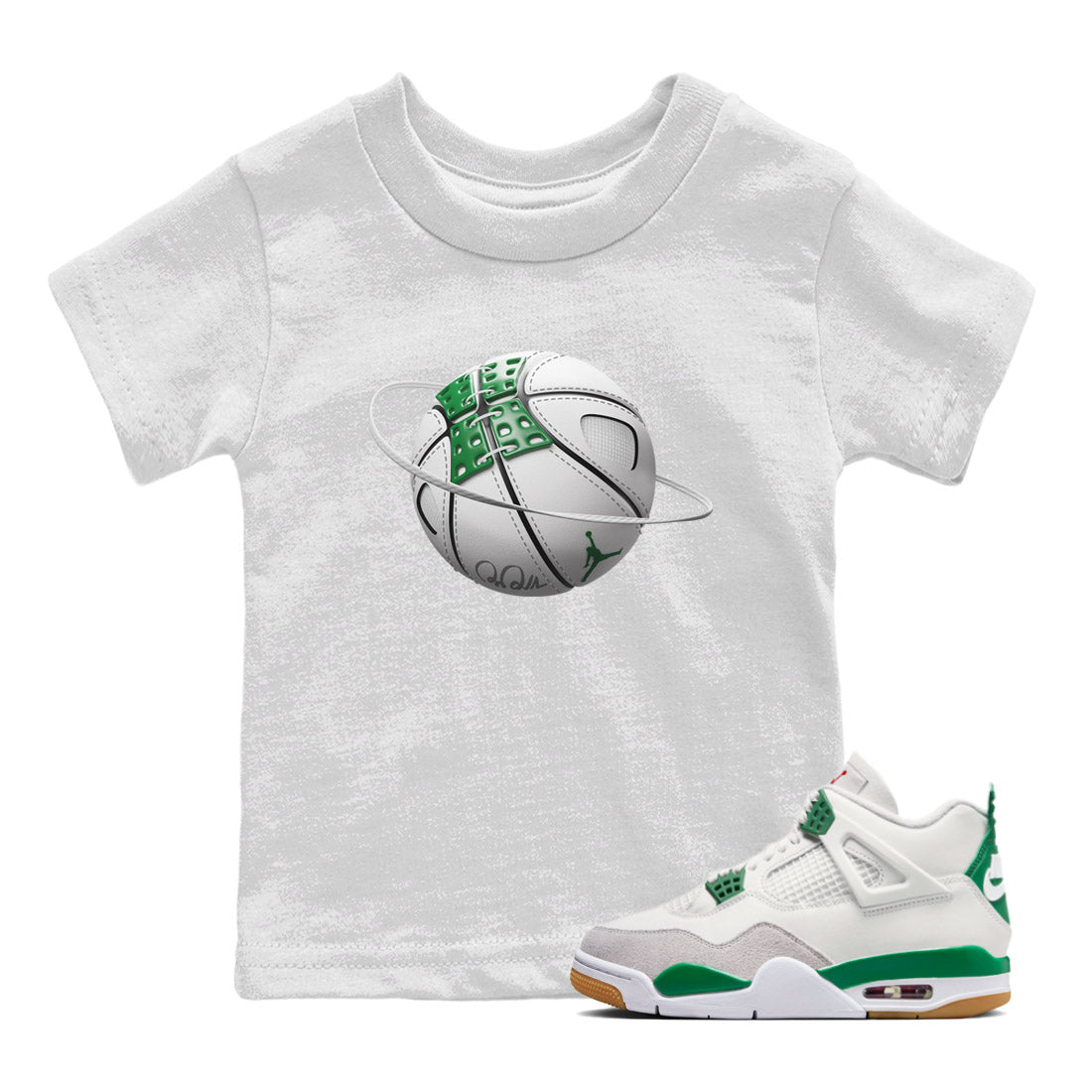 Air Jordan 4 Pine Green Sneaker Match Tees Basketball Planet Sneaker Tees AJ4 Pine Green Sneaker Release Tees Kids Shirts White 1