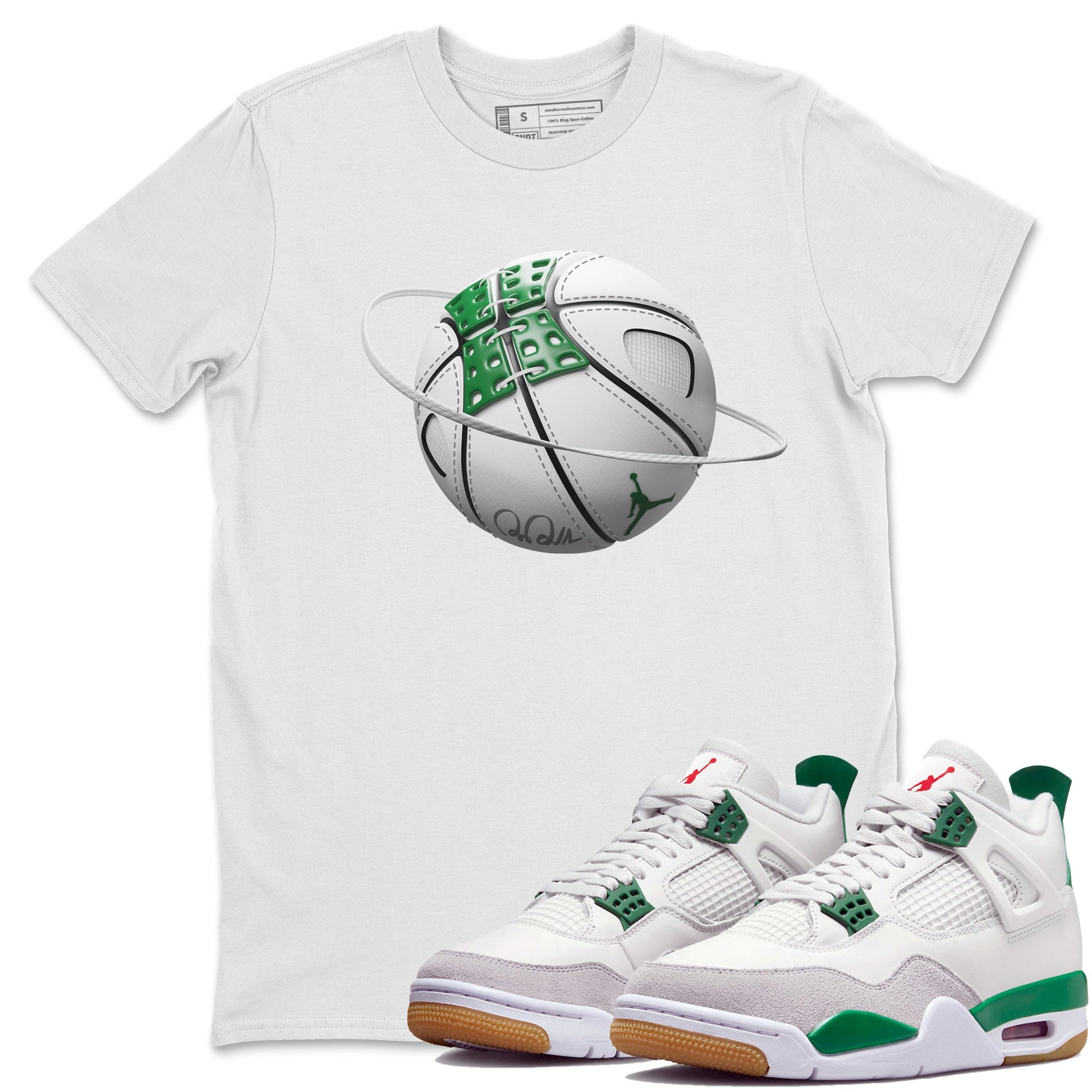 Air Jordan 4 Pine Green Sneaker Match Tees Basketball Planet Sneaker Tees AJ4 Pine Green Sneaker Release Tees Unisex Shirts White 1