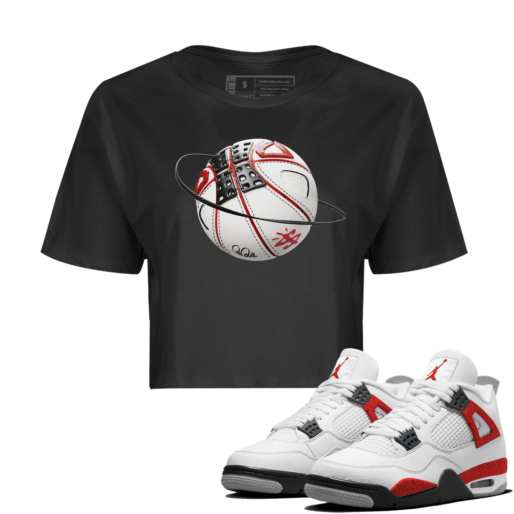 Air Jordan 4 Red Cement Sneaker Match Tees Basketball Planet Sneaker Tees AJ4 Retro OG Red Cement Sneaker Release Tees Women's Shirts Black 1